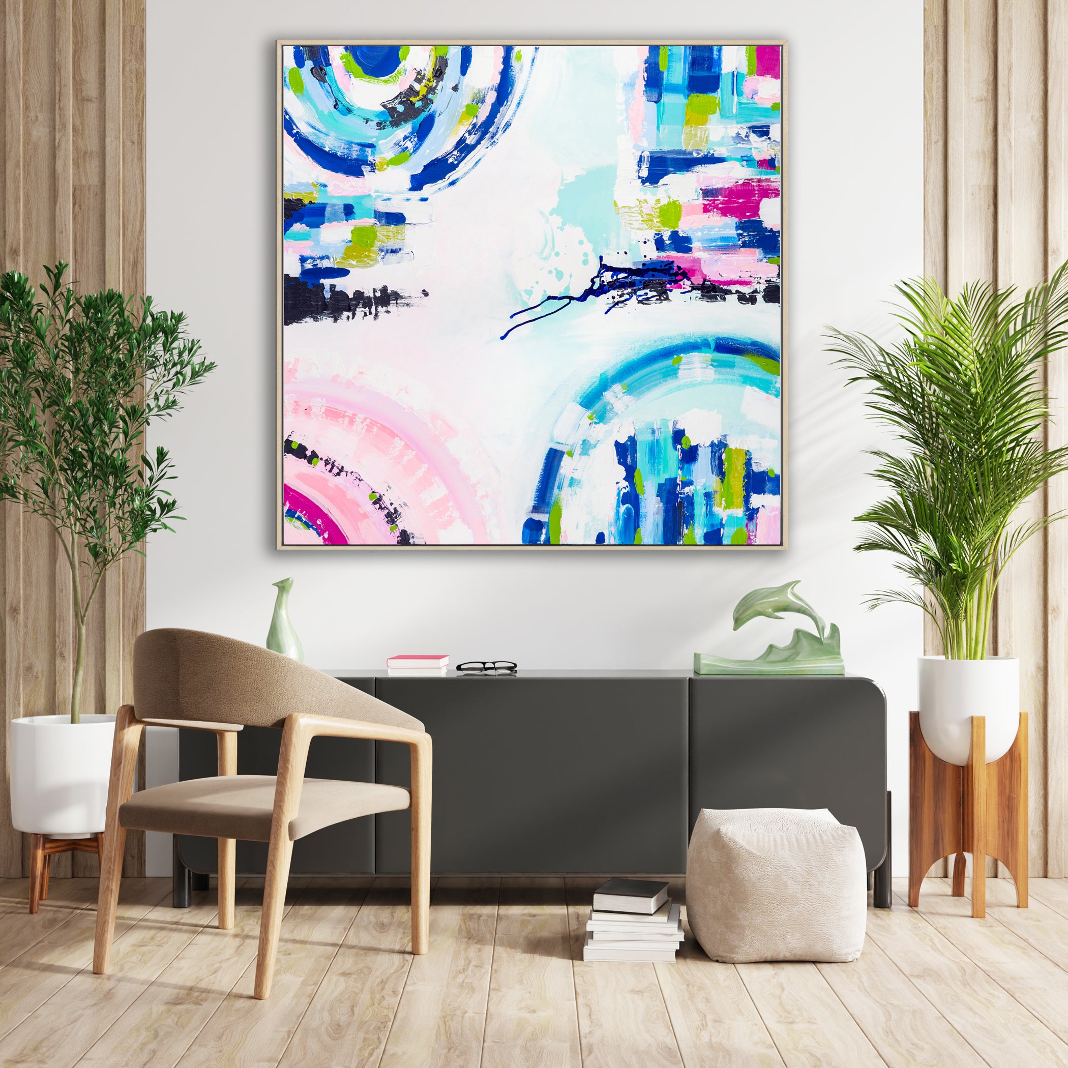 Original abstract painting titled "Port Melbourne Spirit" by Australian artist Ani Ipradjian, depicting the vibrant transition of Melbourne's cityscape to its coastal edge, with dynamic forms and earthy tones capturing the essence of Port Melbourne from dawn to dusk.