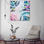 Original abstract painting titled "Port Melbourne Spirit" by Australian artist Ani Ipradjian, depicting the vibrant transition of Melbourne's cityscape to its coastal edge, with dynamic forms and earthy tones capturing the essence of Port Melbourne from dawn to dusk.