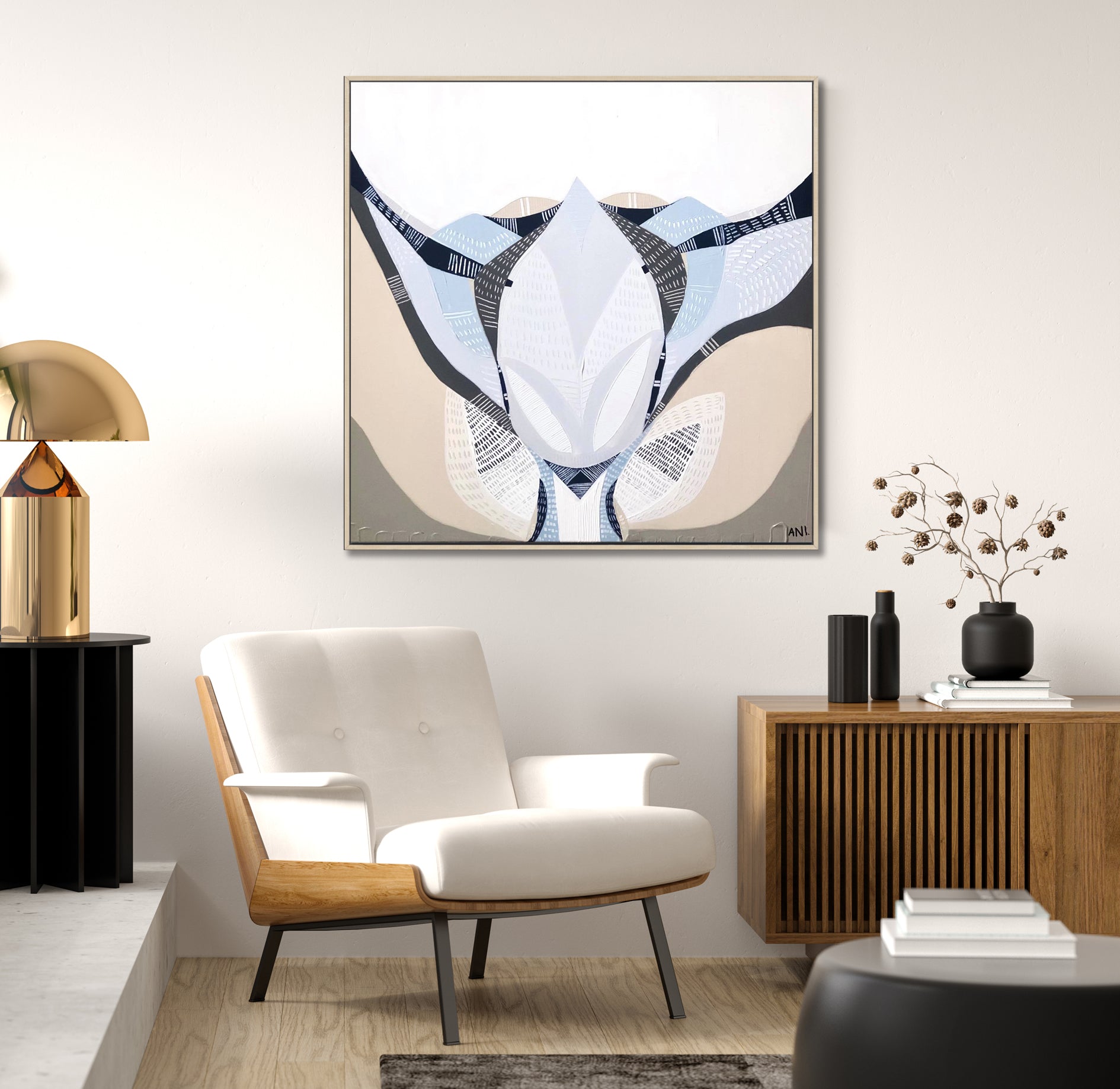 "Protea Under the Sea 1" – Original floral painting by Australian artist Ani Ipradjian, featuring a blooming Protea flower in layered textures symbolizing growth and transformation.