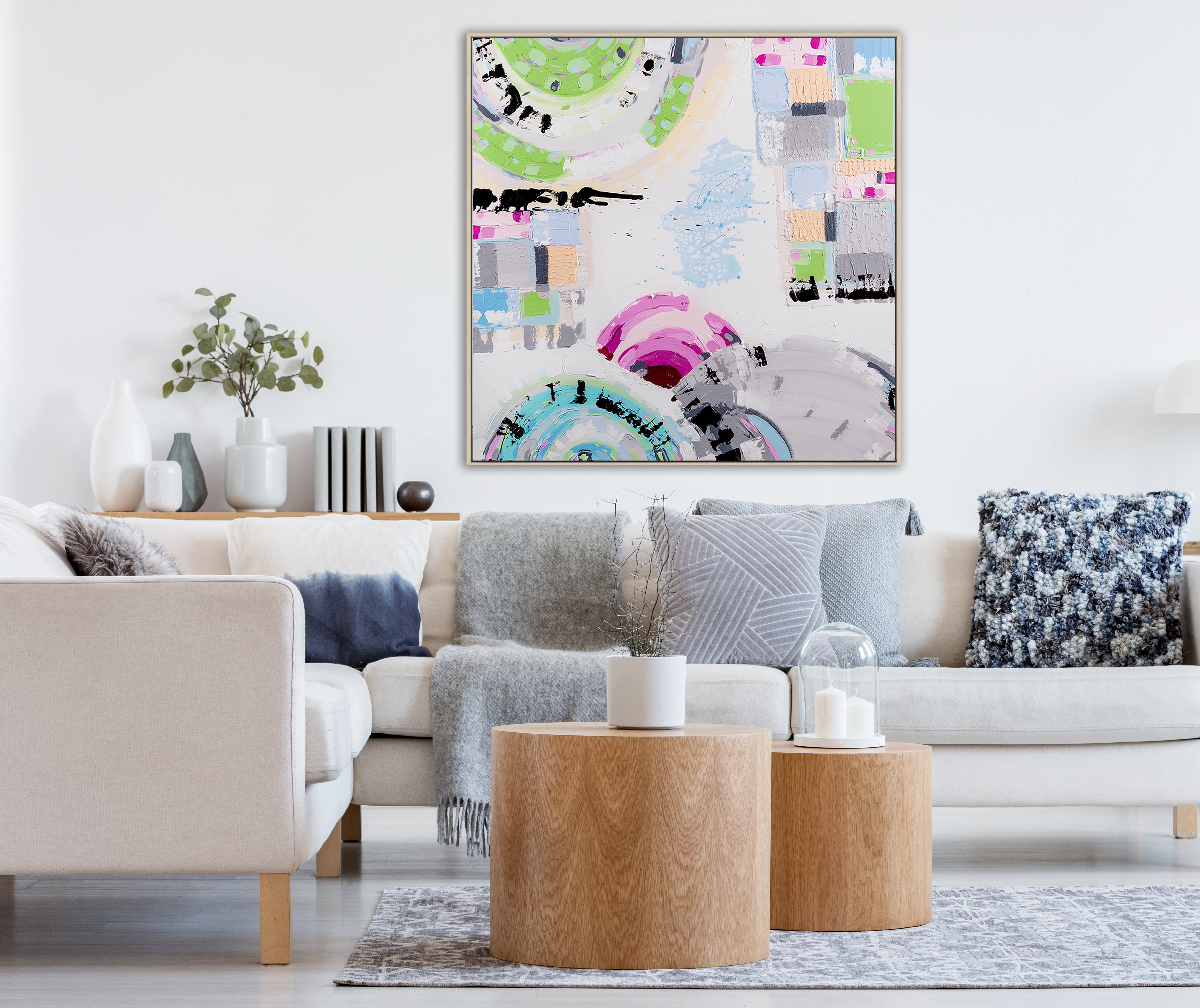 "St Kilda Sky" – Original abstract painting by Australian artist Ani Ipradjian, inspired by Melbourne’s beachside suburb of St Kilda, featuring pastel skies and vibrant coastal energy.