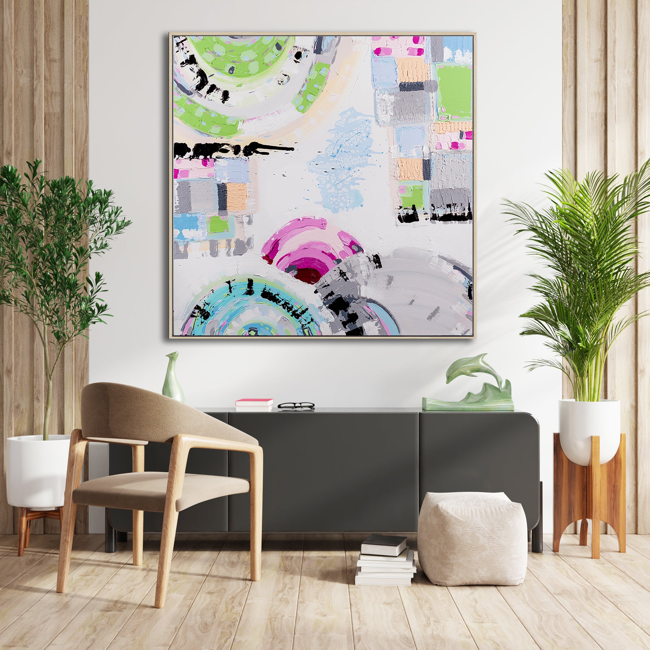 "St Kilda Sky" – Original abstract painting by Australian artist Ani Ipradjian, inspired by Melbourne’s beachside suburb of St Kilda, featuring pastel skies and vibrant coastal energy.