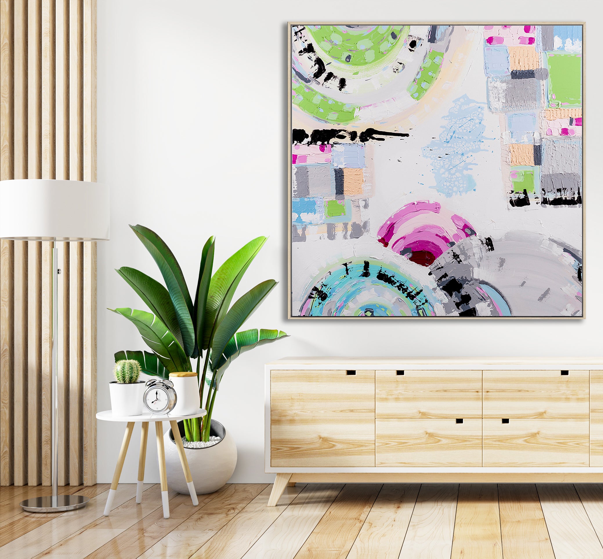 "St Kilda Sky" – Original abstract painting by Australian artist Ani Ipradjian, inspired by Melbourne’s beachside suburb of St Kilda, featuring pastel skies and vibrant coastal energy.