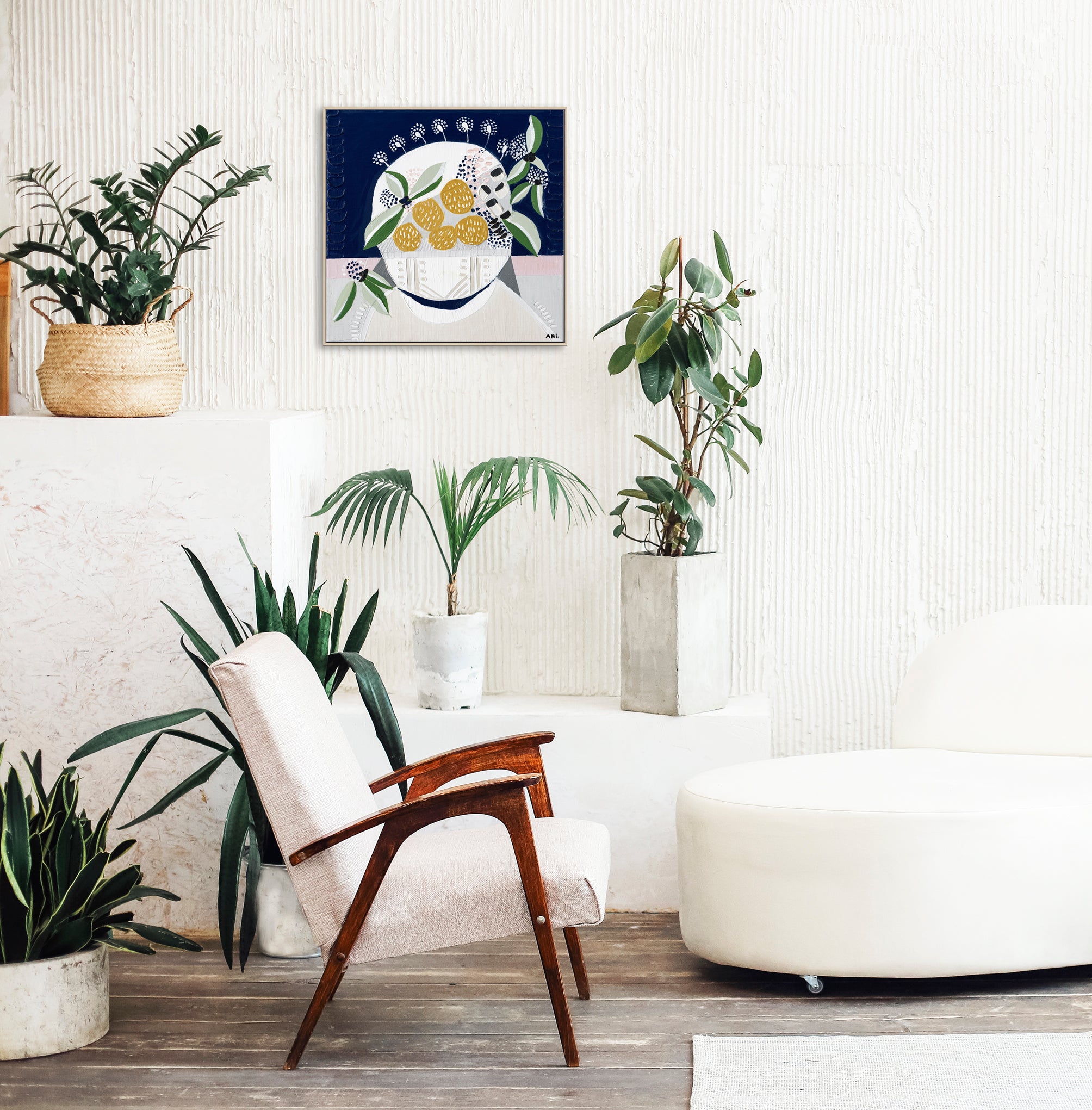 "Sunshine Blossom" – Original abstract floral painting by Australian artist Ani Ipradjian, inspired by native yellow globular blooms and painted in vibrant, sunlit tones.