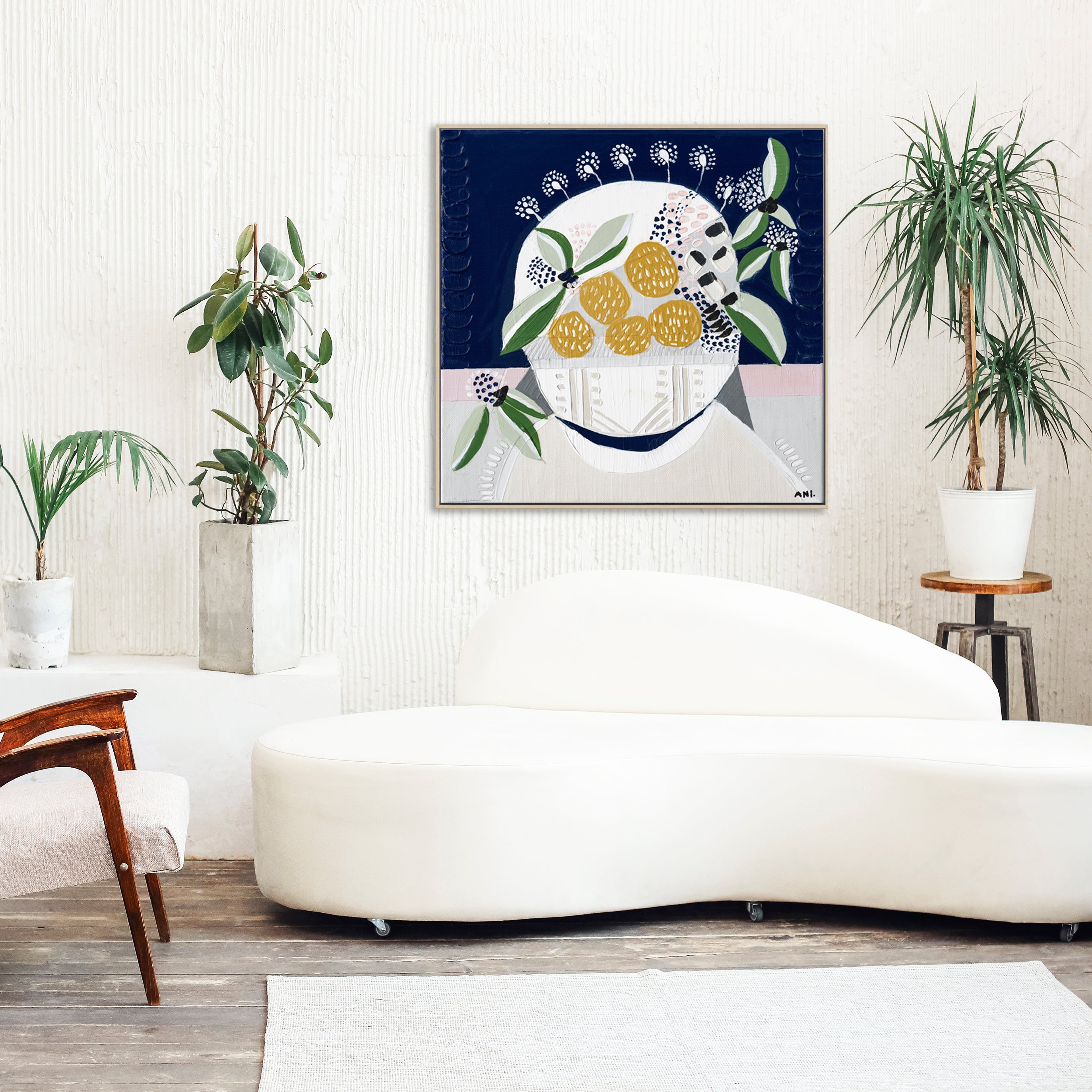 "Sunshine Blossom" – Original abstract floral painting by Australian artist Ani Ipradjian, inspired by native yellow globular blooms and painted in vibrant, sunlit tones.