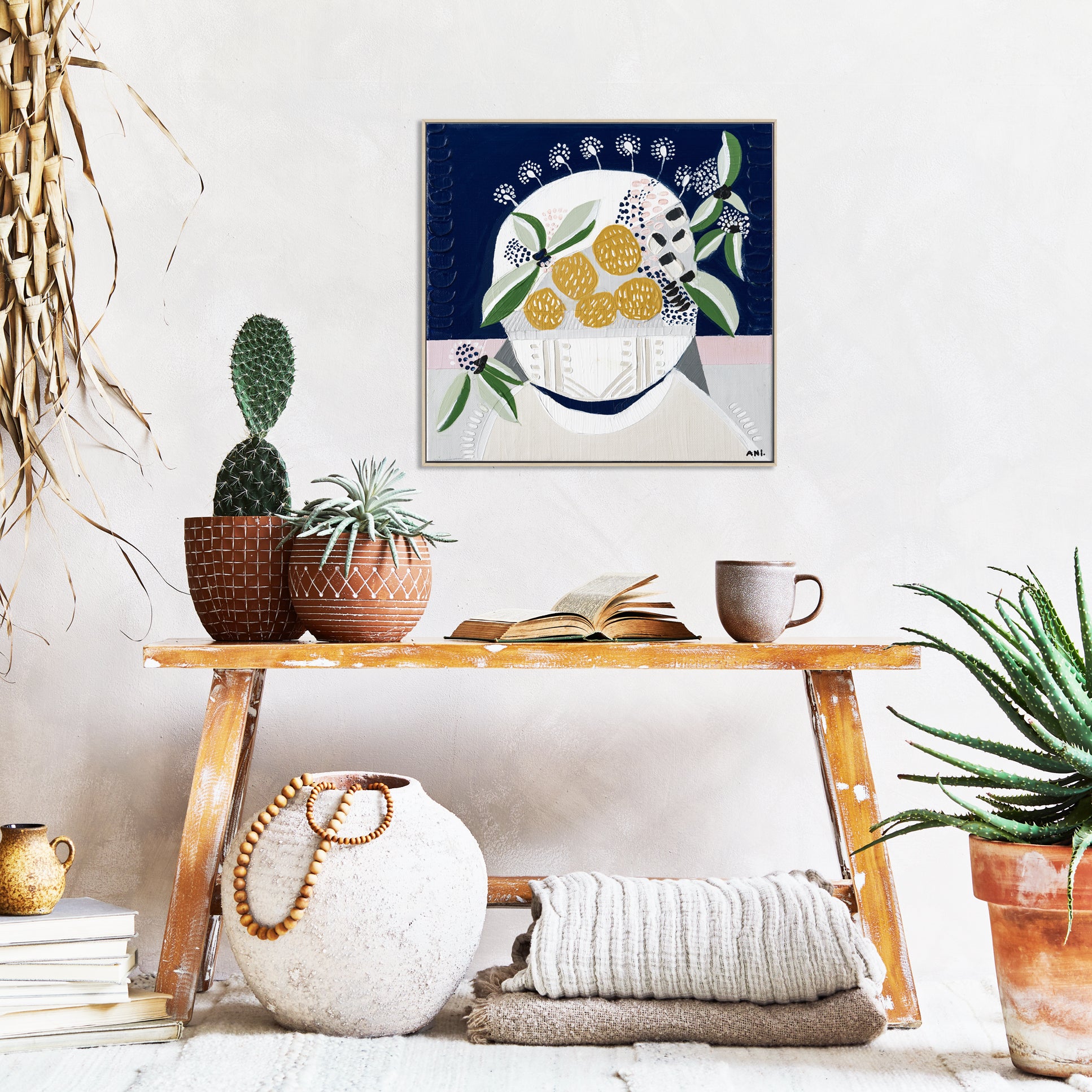 "Sunshine Blossom" – Original abstract floral painting by Australian artist Ani Ipradjian, inspired by native yellow globular blooms and painted in vibrant, sunlit tones.