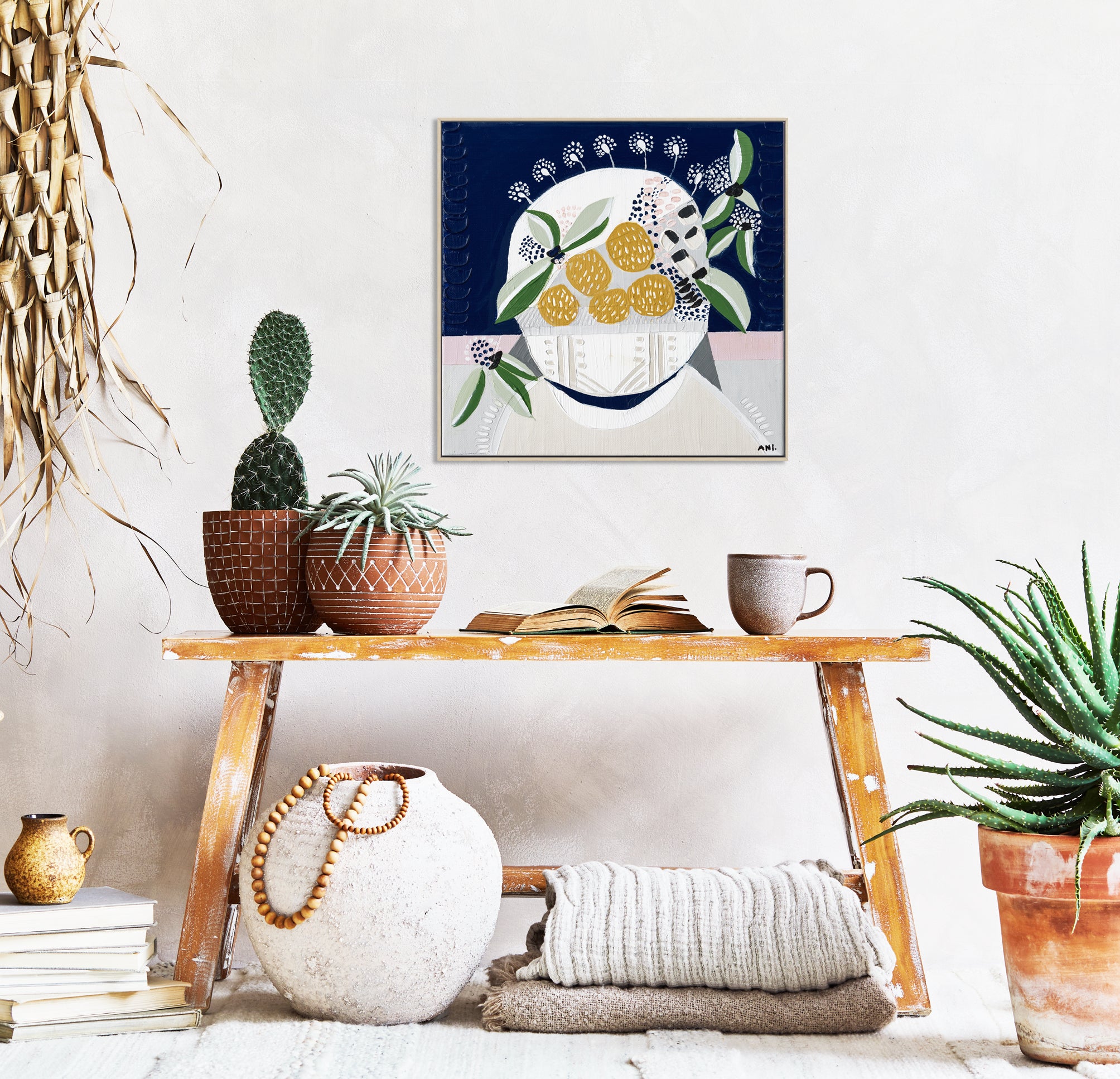 "Sunshine Blossom" – Original abstract floral painting by Australian artist Ani Ipradjian, inspired by native yellow globular blooms and painted in vibrant, sunlit tones.