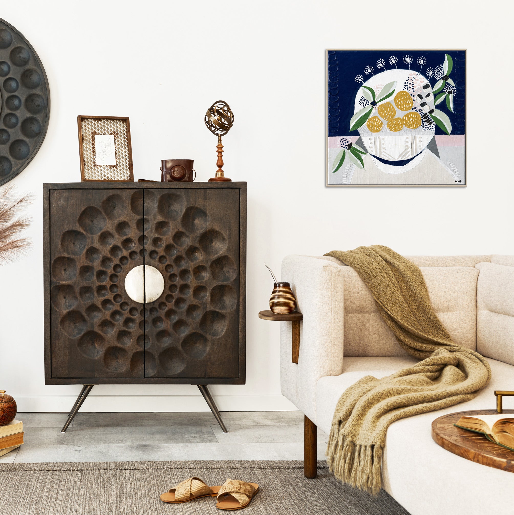 "Sunshine Blossom" – Original abstract floral painting by Australian artist Ani Ipradjian, inspired by native yellow globular blooms and painted in vibrant, sunlit tones.