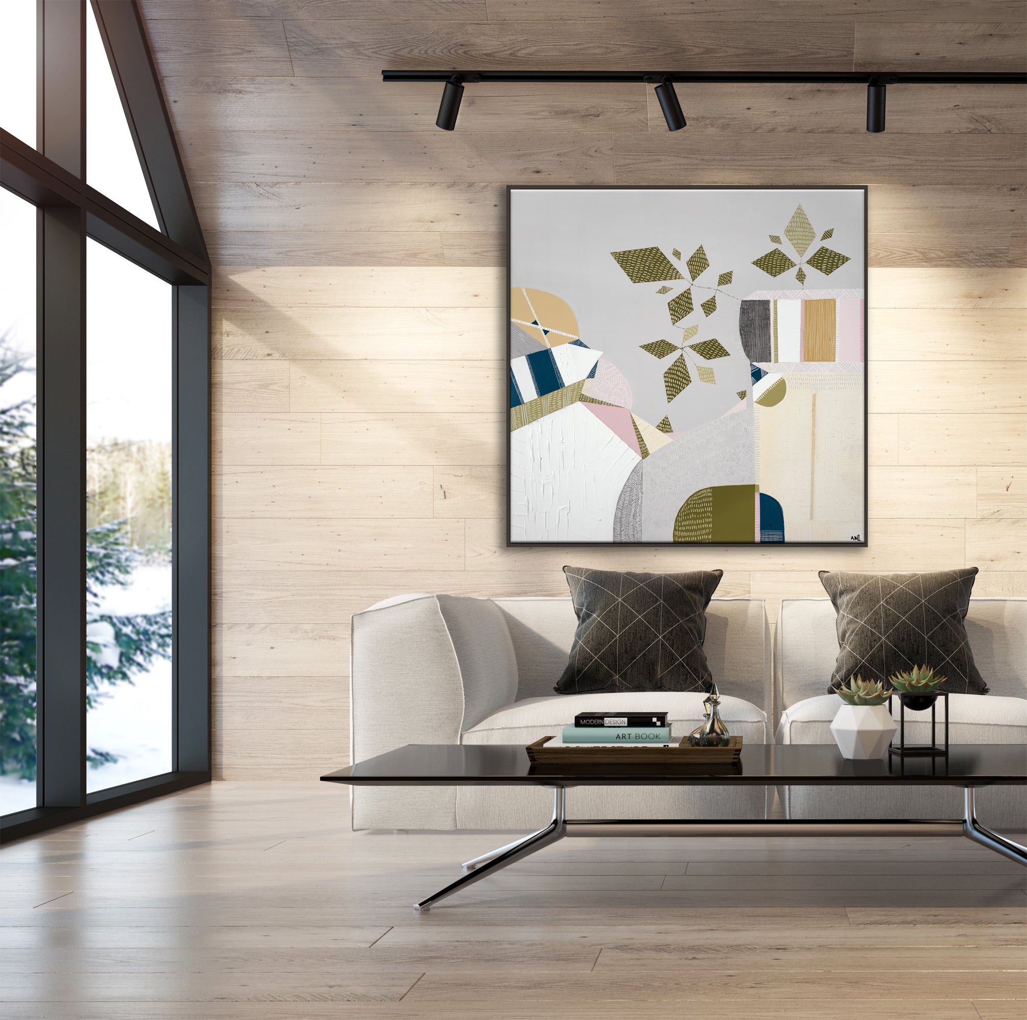 "Urban Sydney" – Original abstract painting by Australian artist Ani Ipradjian, inspired by 1970s interiors and the Sydney Harbour Bridge, featuring earthy retro tones and textured botanical elements.