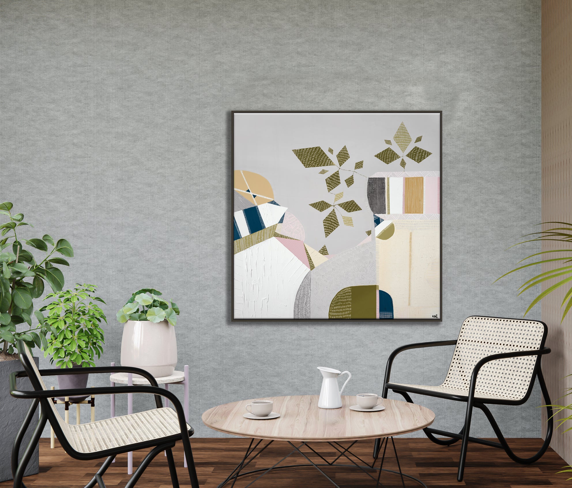 "Urban Sydney" – Original abstract painting by Australian artist Ani Ipradjian, inspired by 1970s interiors and the Sydney Harbour Bridge, featuring earthy retro tones and textured botanical elements.