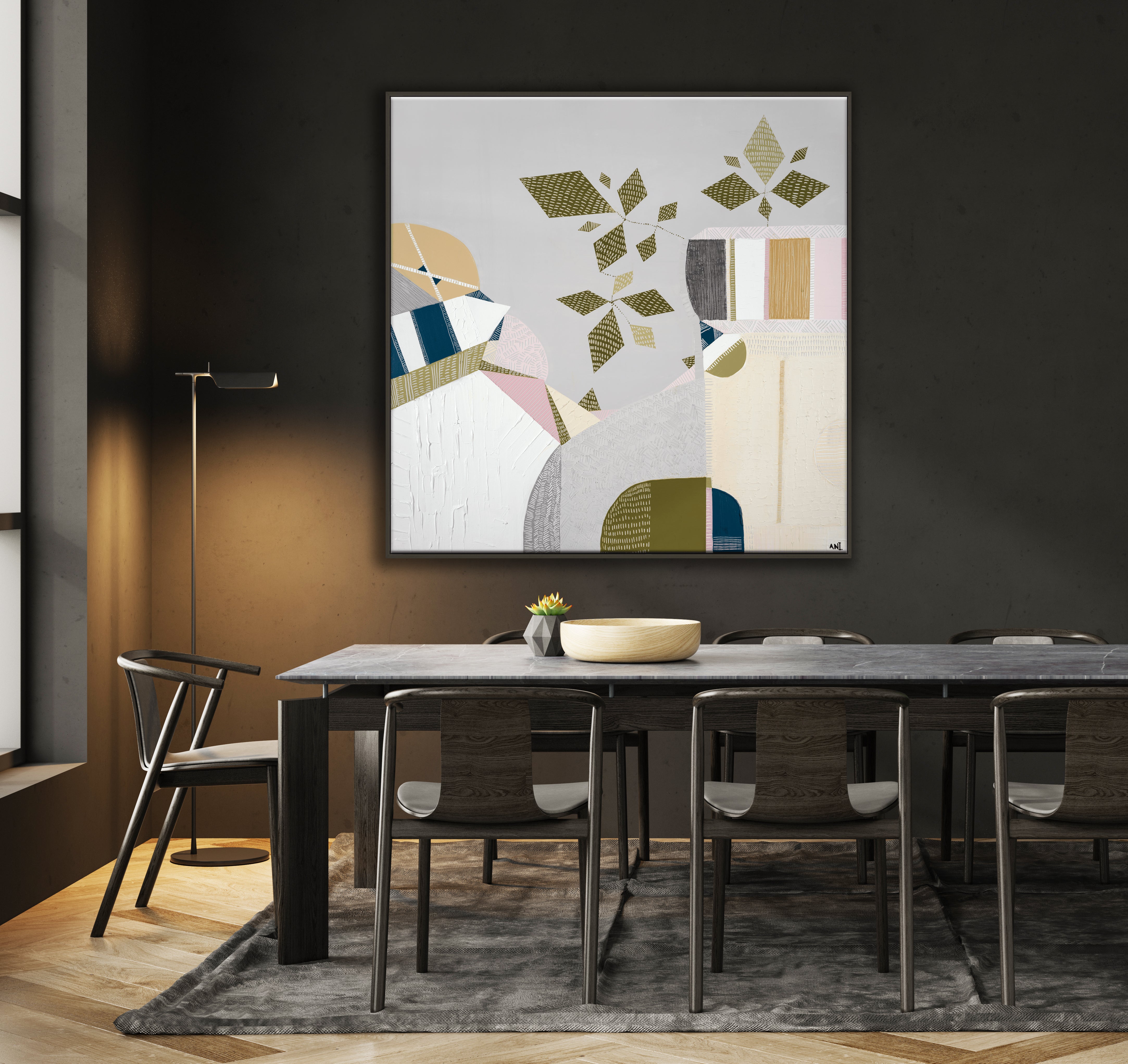 "Urban Sydney" – Original abstract painting by Australian artist Ani Ipradjian, inspired by 1970s interiors and the Sydney Harbour Bridge, featuring earthy retro tones and textured botanical elements.