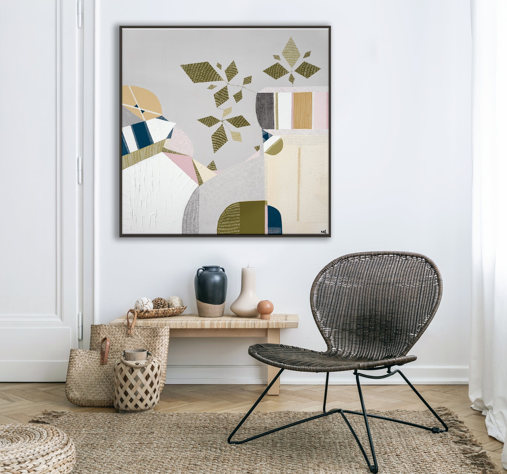 "Urban Sydney" – Original abstract painting by Australian artist Ani Ipradjian, inspired by 1970s interiors and the Sydney Harbour Bridge, featuring earthy retro tones and textured botanical elements.