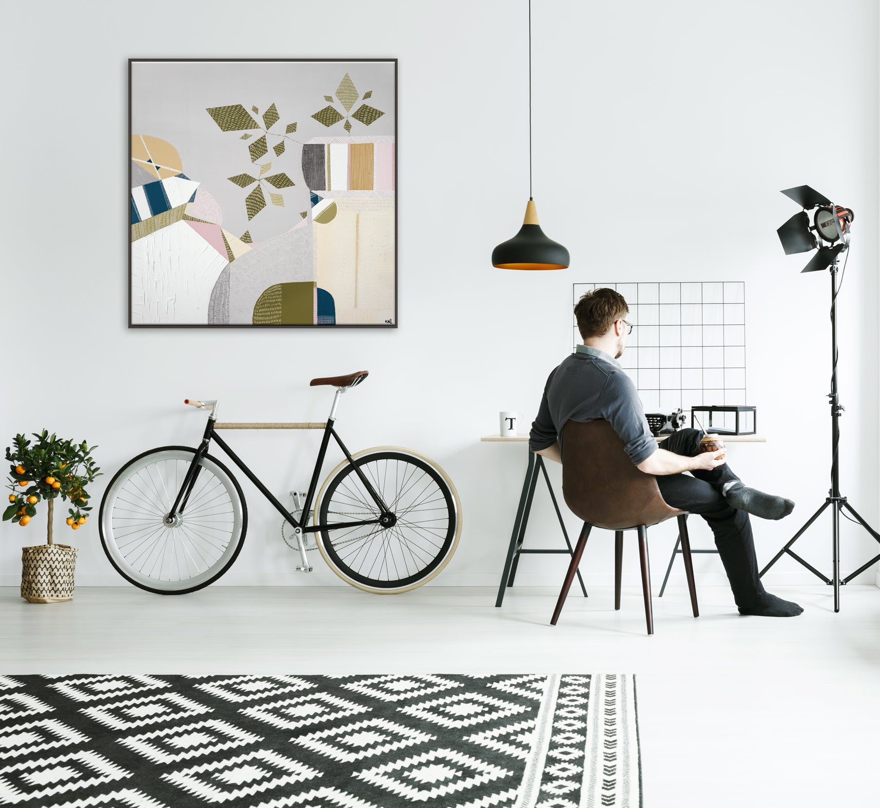 "Urban Sydney" – Original abstract painting by Australian artist Ani Ipradjian, inspired by 1970s interiors and the Sydney Harbour Bridge, featuring earthy retro tones and textured botanical elements.