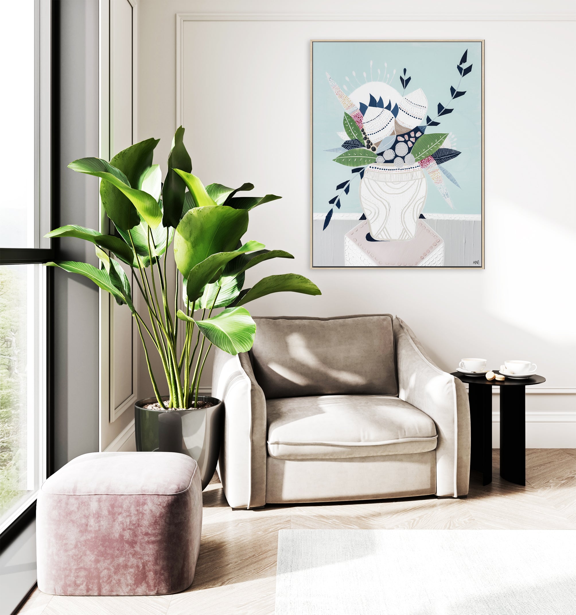 "Wild Banksia Bouquet" – Original abstract floral painting by Australian artist Ani Ipradjian, featuring coastal tones and native Banksia flowers, perfect for modern interiors and botanical art lovers.