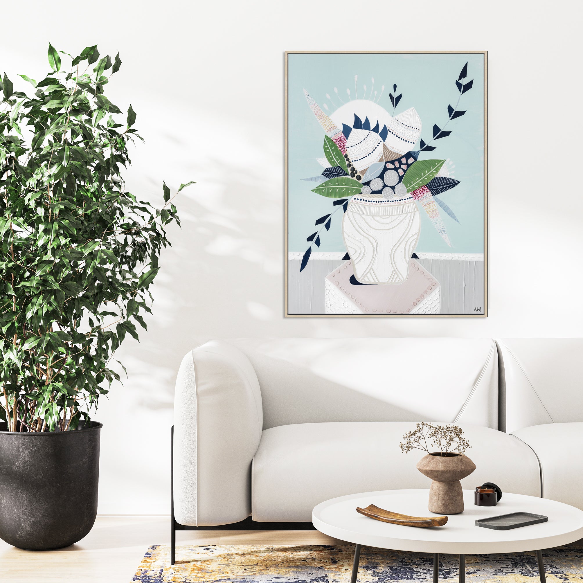"Wild Banksia Bouquet" – Original abstract floral painting by Australian artist Ani Ipradjian, featuring coastal tones and native Banksia flowers, perfect for modern interiors and botanical art lovers.