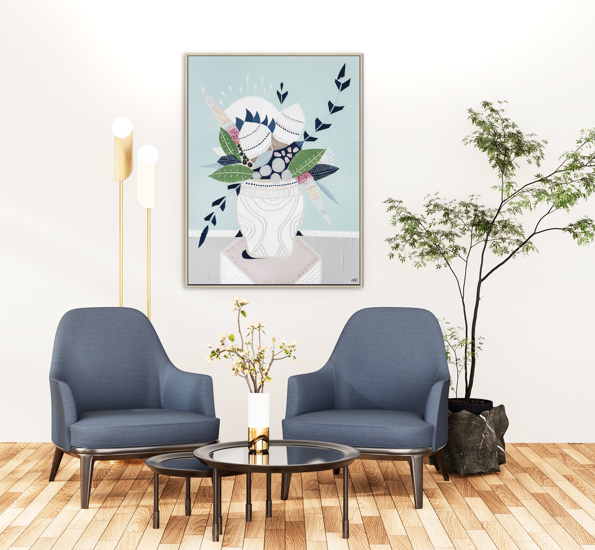 "Wild Banksia Bouquet" – Original abstract floral painting by Australian artist Ani Ipradjian, featuring coastal tones and native Banksia flowers, perfect for modern interiors and botanical art lovers.