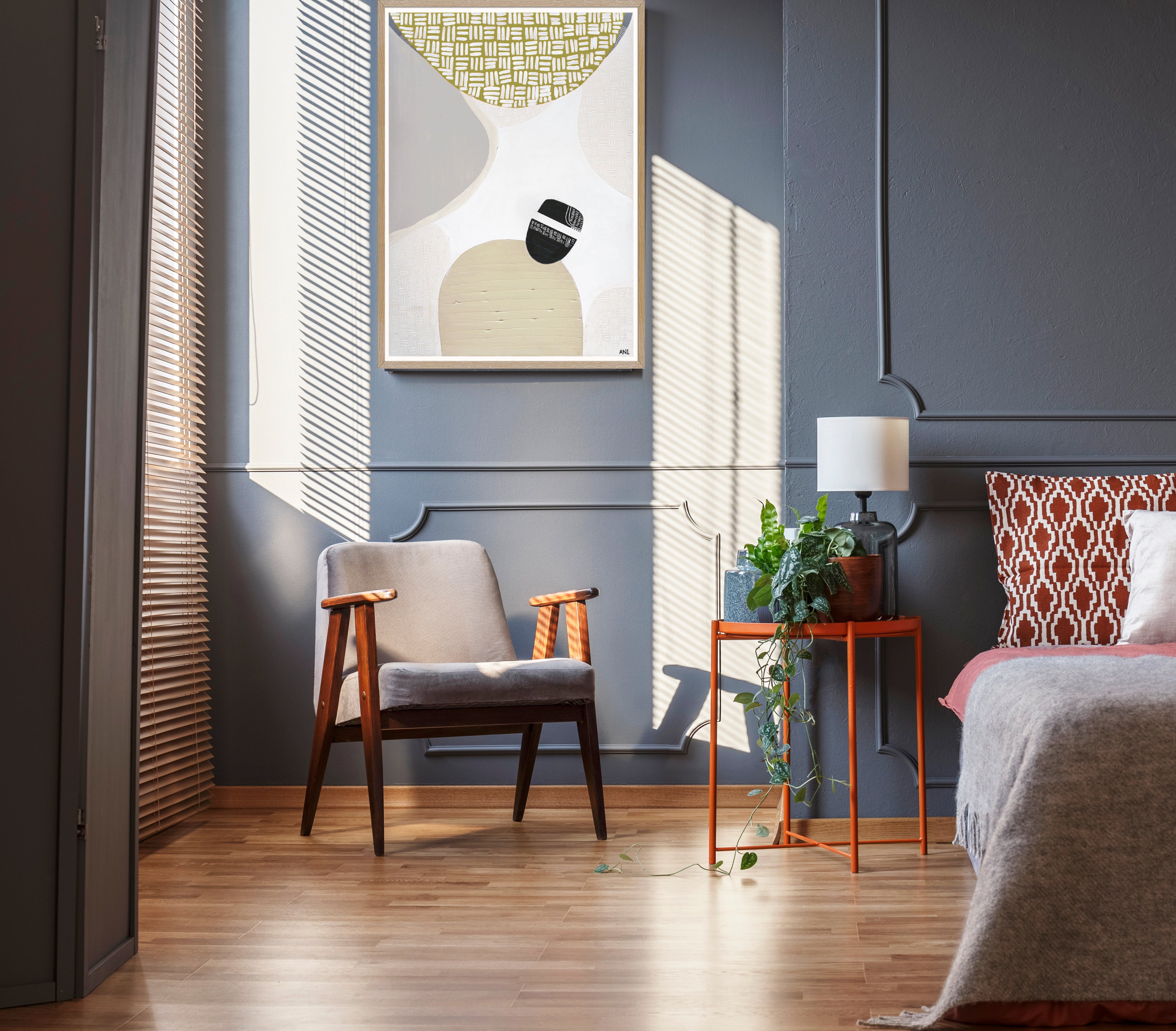 "Golden Outback 2" – Original abstract Australian landscape painting by Ani Ipradjian, featuring mustard and grey tones symbolising the outback, climate, and coastal wildlife, inspired by Australia’s rich natural and gold prospecting heritage.