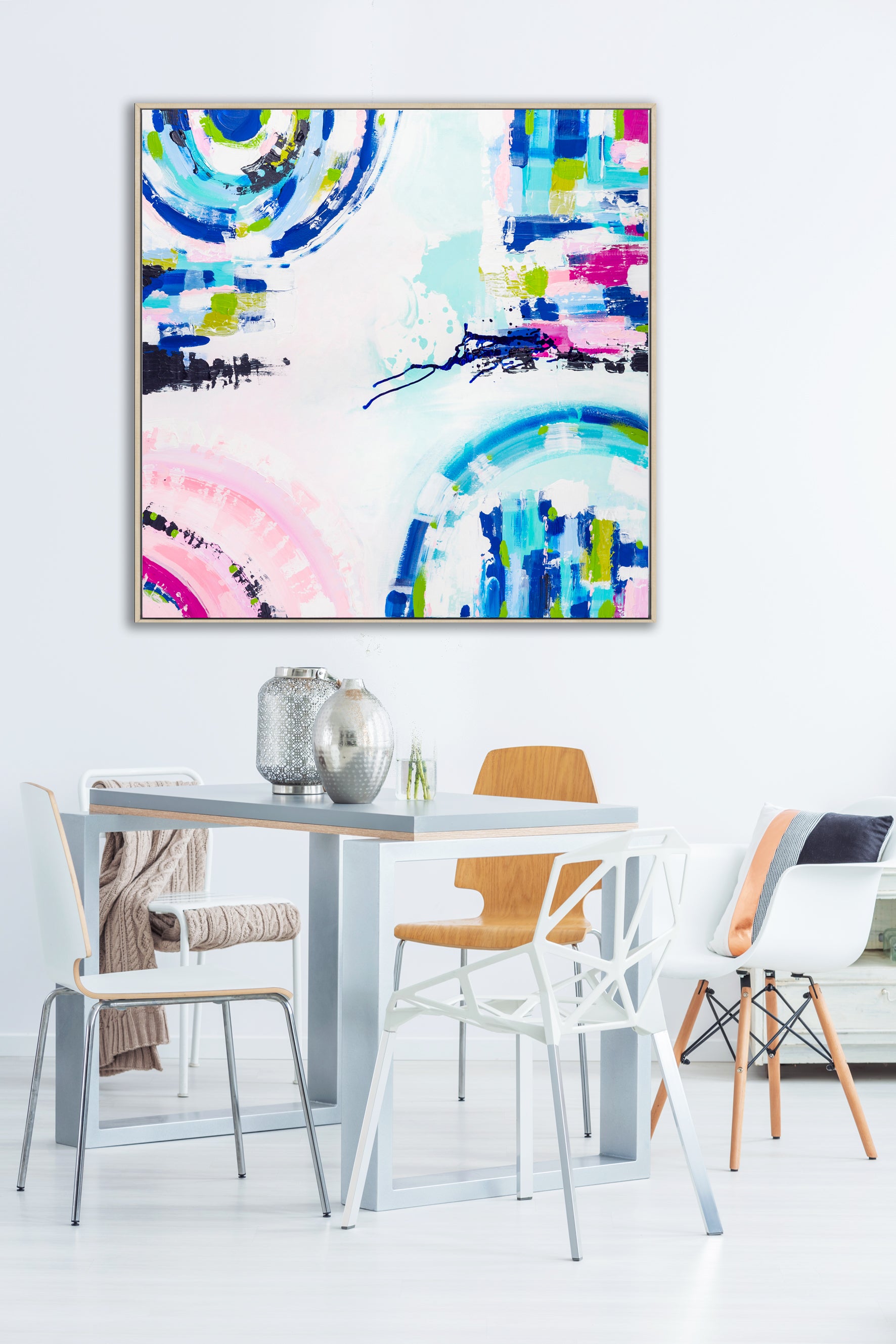 Original abstract painting titled "Port Melbourne Spirit" by Australian artist Ani Ipradjian, depicting the vibrant transition of Melbourne's cityscape to its coastal edge, with dynamic forms and earthy tones capturing the essence of Port Melbourne from dawn to dusk.