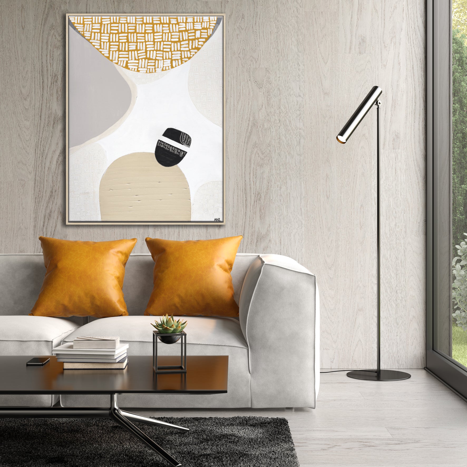 "Golden Outback 2" – Original abstract Australian landscape painting by Ani Ipradjian, featuring mustard and grey tones symbolising the outback, climate, and coastal wildlife, inspired by Australia’s rich natural and gold prospecting heritage.