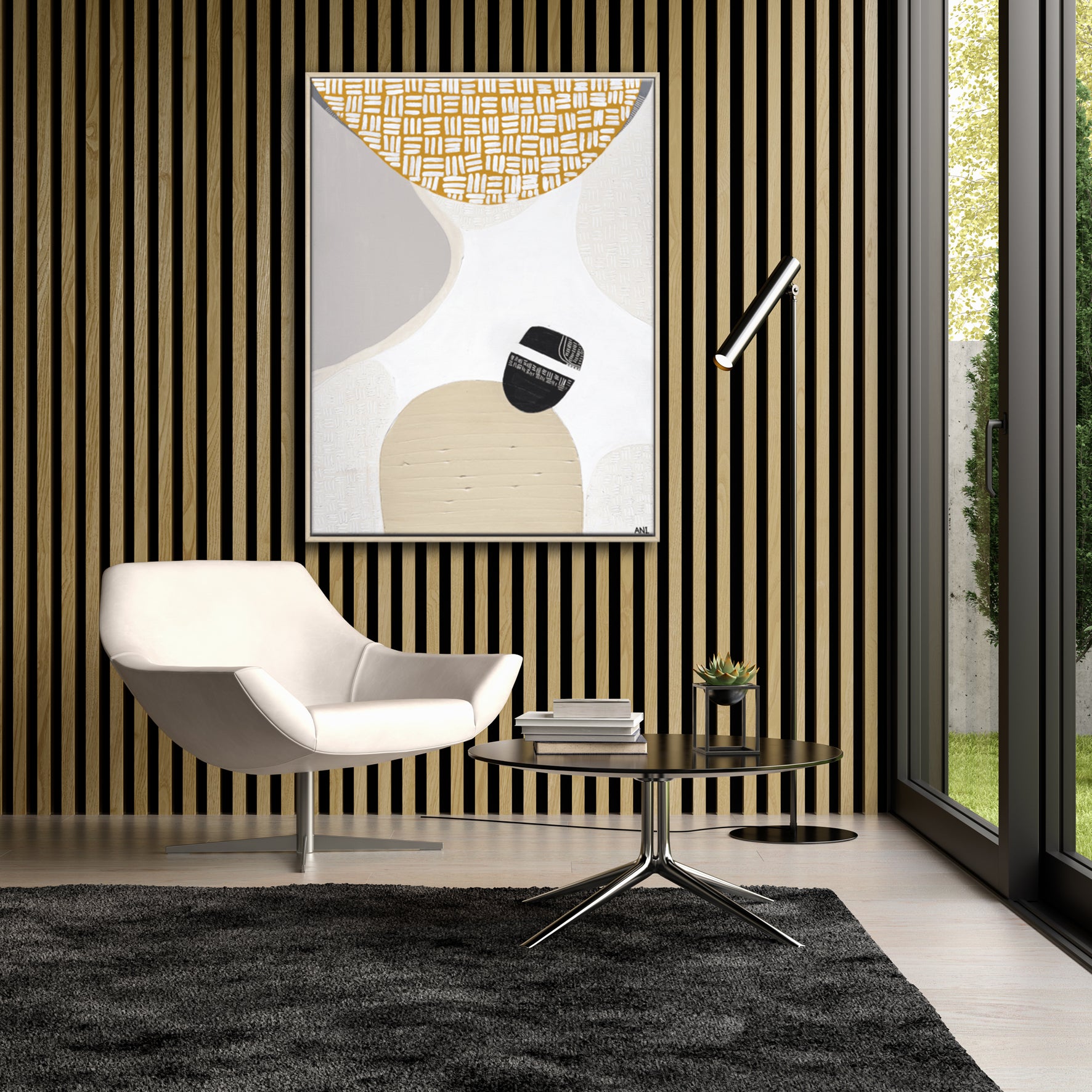 "Golden Outback 2" – Original abstract Australian landscape painting by Ani Ipradjian, featuring mustard and grey tones symbolising the outback, climate, and coastal wildlife, inspired by Australia’s rich natural and gold prospecting heritage.