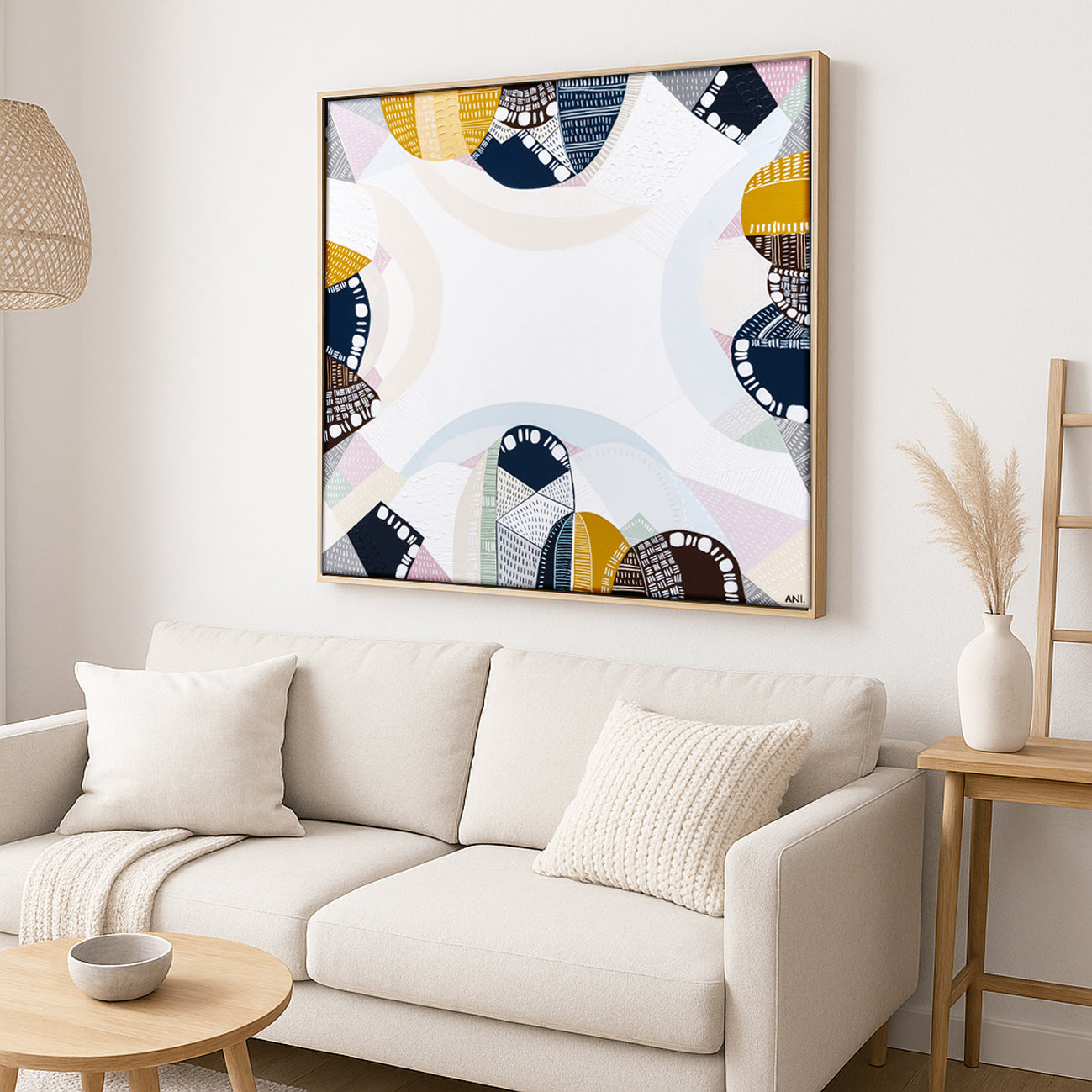 Blue Mountains wall art print by Ani Ipradjian featuring layered textures, eucalyptus blues, and misty tones inspired by Sydney’s iconic Blue Mountains—ideal for Australian and international collectors seeking nature-inspired landscape art