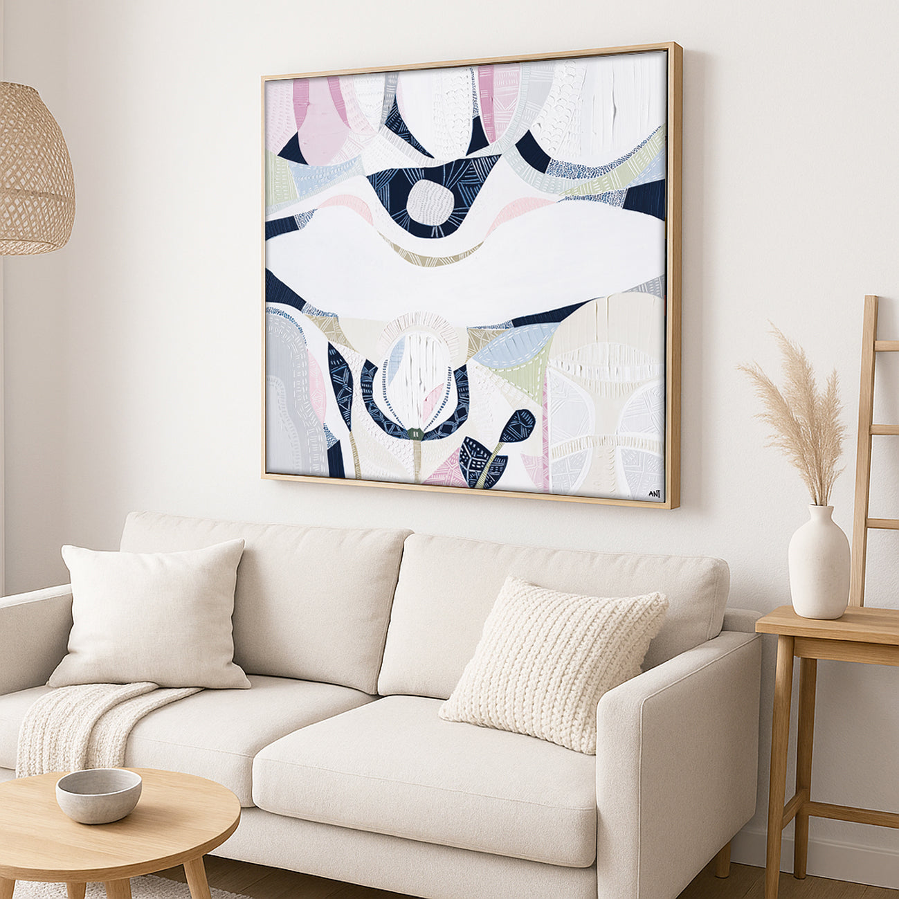 Pink Lake wall art print by Ani Ipradjian featuring soft pinks, coastal blues, and textured layers inspired by Australia’s natural salt lakes. A vibrant abstract artwork perfect for collectors and interiors worldwide.