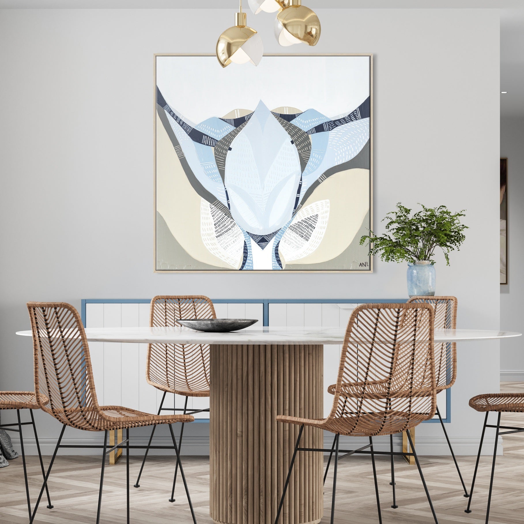 Abstract floral artwork titled Protea Under the Sea 1 by Australian artist Ani Ipradjian. Features textured layers and flowing forms inspired by the blooming Protea flower, symbolizing transformation. Combines earthy and oceanic tones, ideal for collectors of contemporary Australian botanical art worldwide.