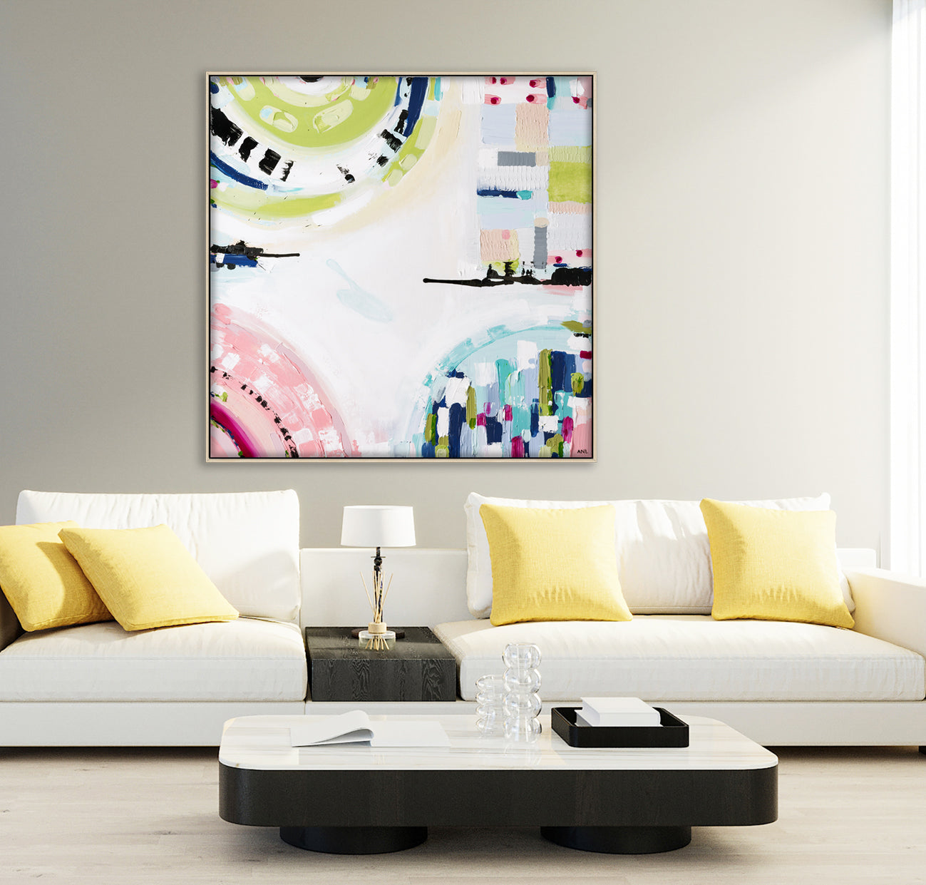 Albert Park Spirit abstract print by Australian artist Ani Ipradjian featuring pastel and dark tones inspired by Albert Park sunsets and lake, showcasing a modern interpretation of Melbourne’s iconic suburb. Ideal for collectors of Australian contemporary art.