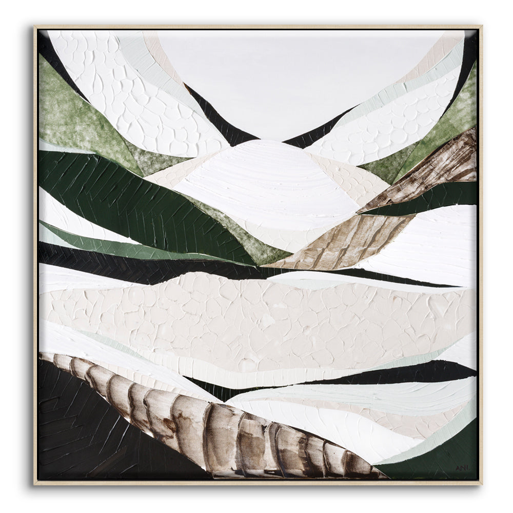 Australian Dividing Ranges 2 by Melbourne artist Ani Ipradjian — contemporary abstract Australian mountain landscape painting and print inspired by the Great Dividing Range. Features earthy browns, sage greens, and textured layers capturing native bushland, rugged terrain, and Australia’s natural beauty across Queensland, New South Wales, and Victoria. Ideal for art collectors, interior designers, home decorators, and lovers of modern Australian landscape art. Available framed in Tasmanian Oak, Black, or Wh