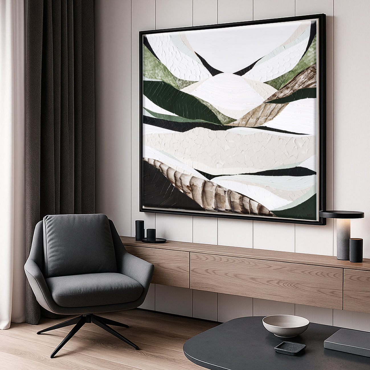 Australian Dividing Ranges 2 by Melbourne artist Ani Ipradjian — contemporary abstract Australian mountain landscape painting and print inspired by the Great Dividing Range. Features earthy browns, sage greens, and textured layers capturing native bushland, rugged terrain, and Australia’s natural beauty across Queensland, New South Wales, and Victoria. Ideal for art collectors, interior designers, home decorators, and lovers of modern Australian landscape art. Available framed in Tasmanian Oak, Black, or Wh