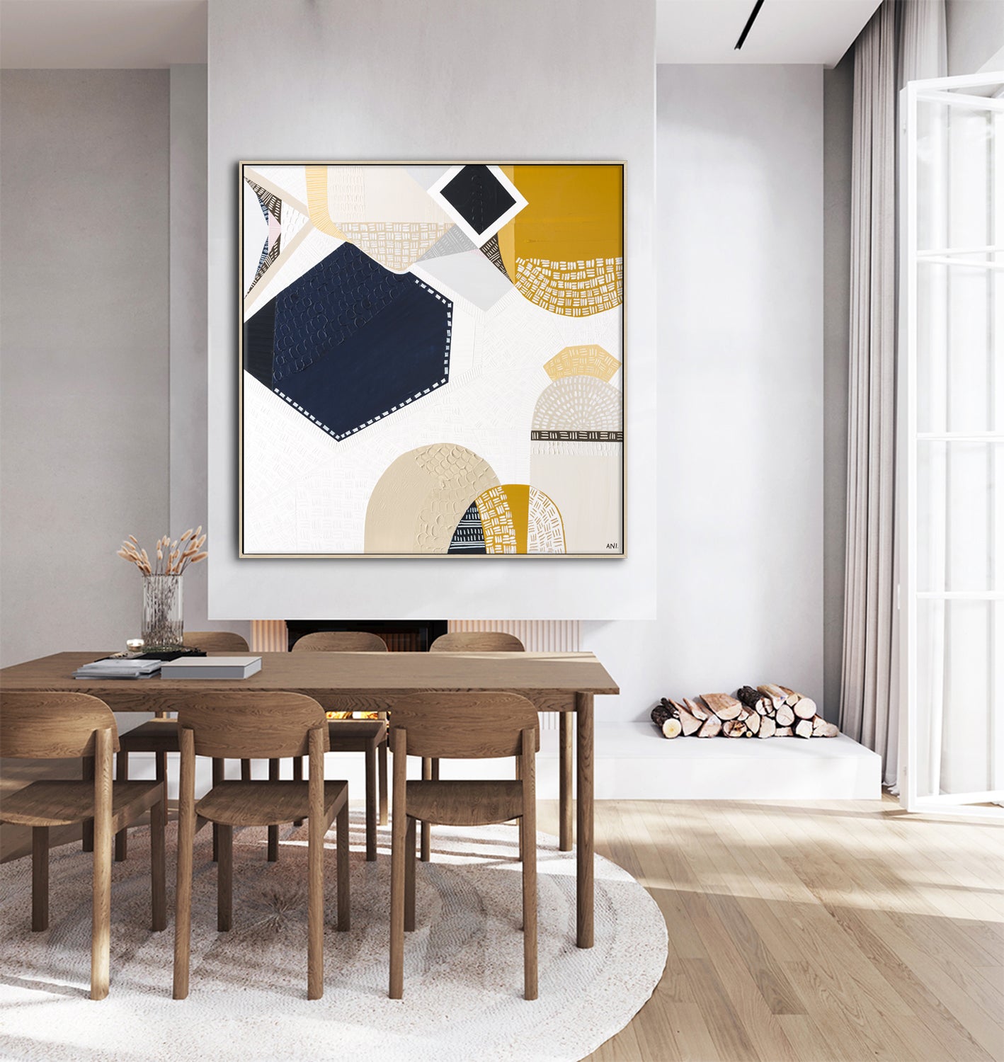 Australian Outback Road 3 abstract landscape artwork by Melbourne-based Australian artist Ani Ipradjian, featuring earthy mustard tones and ocean blues inspired by a cross-country journey from Melbourne to Perth, celebrating Australia’s vast outback roads, rugged terrain, and contemporary Australian art style.