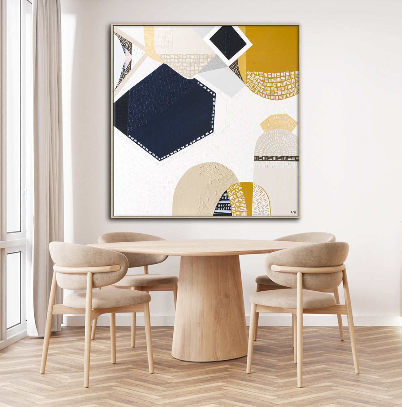 Australian Outback Road 3 abstract landscape artwork by Melbourne-based Australian artist Ani Ipradjian, featuring earthy mustard tones and ocean blues inspired by a cross-country journey from Melbourne to Perth, celebrating Australia’s vast outback roads, rugged terrain, and contemporary Australian art style.