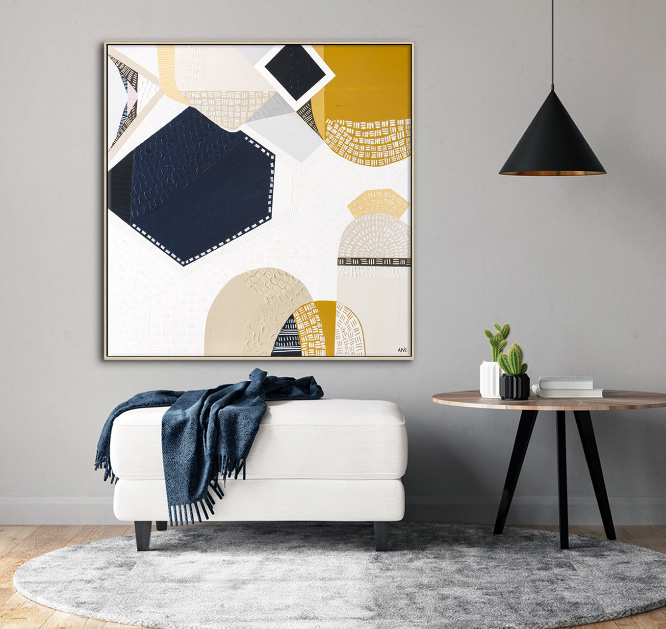 Australian Outback Road 3 abstract landscape artwork by Melbourne-based Australian artist Ani Ipradjian, featuring earthy mustard tones and ocean blues inspired by a cross-country journey from Melbourne to Perth, celebrating Australia’s vast outback roads, rugged terrain, and contemporary Australian art style.