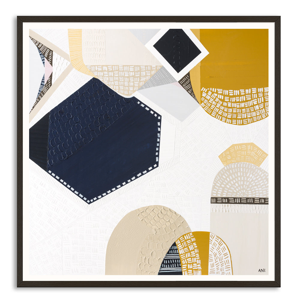 Australian Outback Road 3 abstract landscape artwork by Melbourne-based Australian artist Ani Ipradjian, featuring earthy mustard tones and ocean blues inspired by a cross-country journey from Melbourne to Perth, celebrating Australia’s vast outback roads, rugged terrain, and contemporary Australian art style.