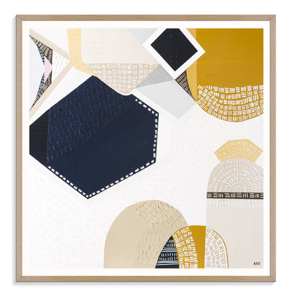 Australian Outback Road 3 abstract landscape artwork by Melbourne-based Australian artist Ani Ipradjian, featuring earthy mustard tones and ocean blues inspired by a cross-country journey from Melbourne to Perth, celebrating Australia’s vast outback roads, rugged terrain, and contemporary Australian art style.