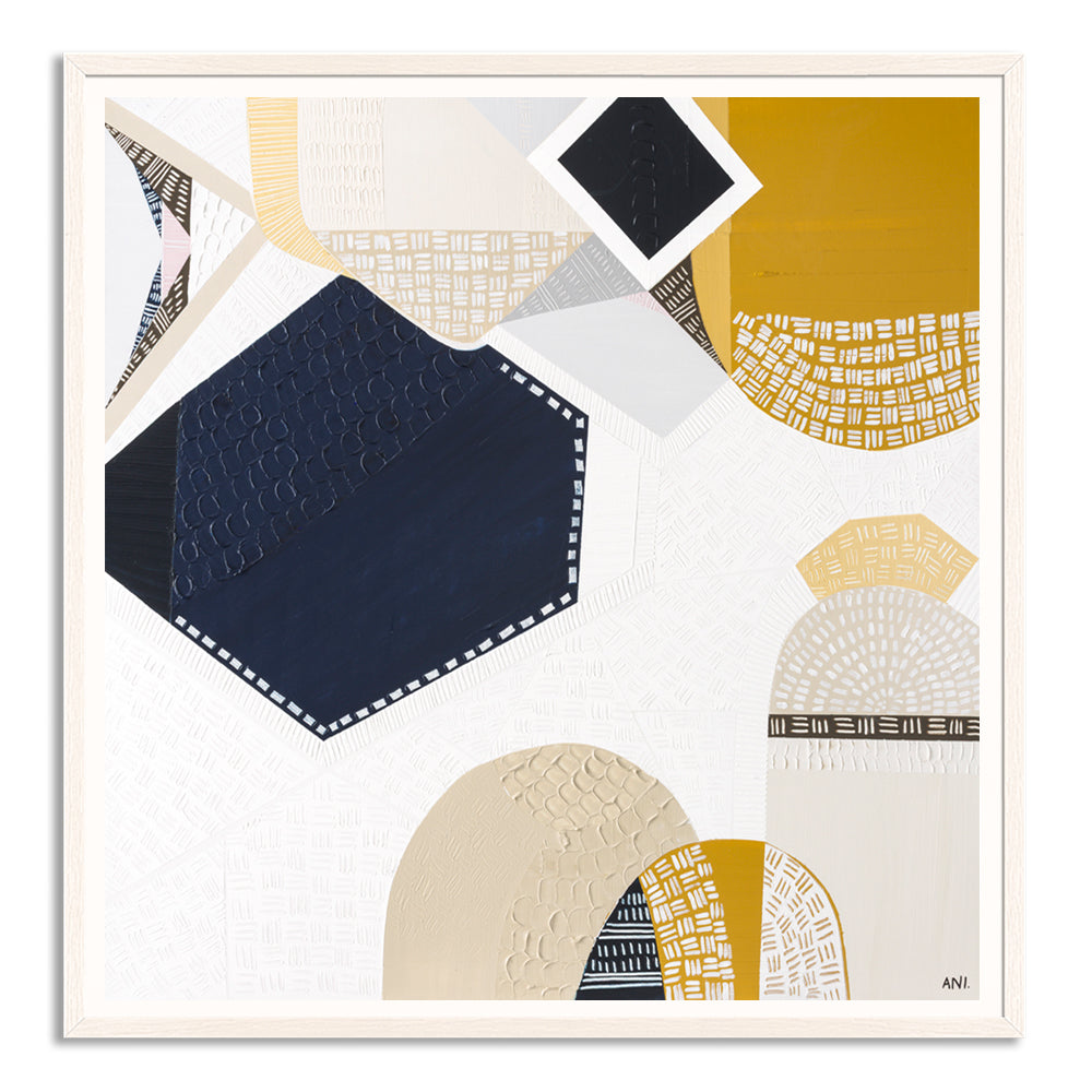 Australian Outback Road 3 abstract landscape artwork by Melbourne-based Australian artist Ani Ipradjian, featuring earthy mustard tones and ocean blues inspired by a cross-country journey from Melbourne to Perth, celebrating Australia’s vast outback roads, rugged terrain, and contemporary Australian art style.