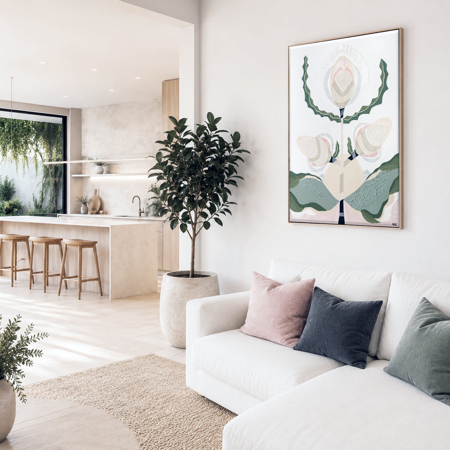 "Banksia Elements 1" – Original abstract painting by Australian artist Ani Ipradjian, inspired by the textures and colours of native Banksia flowers, celebrating their layered, spiky floral forms and natural elegance.