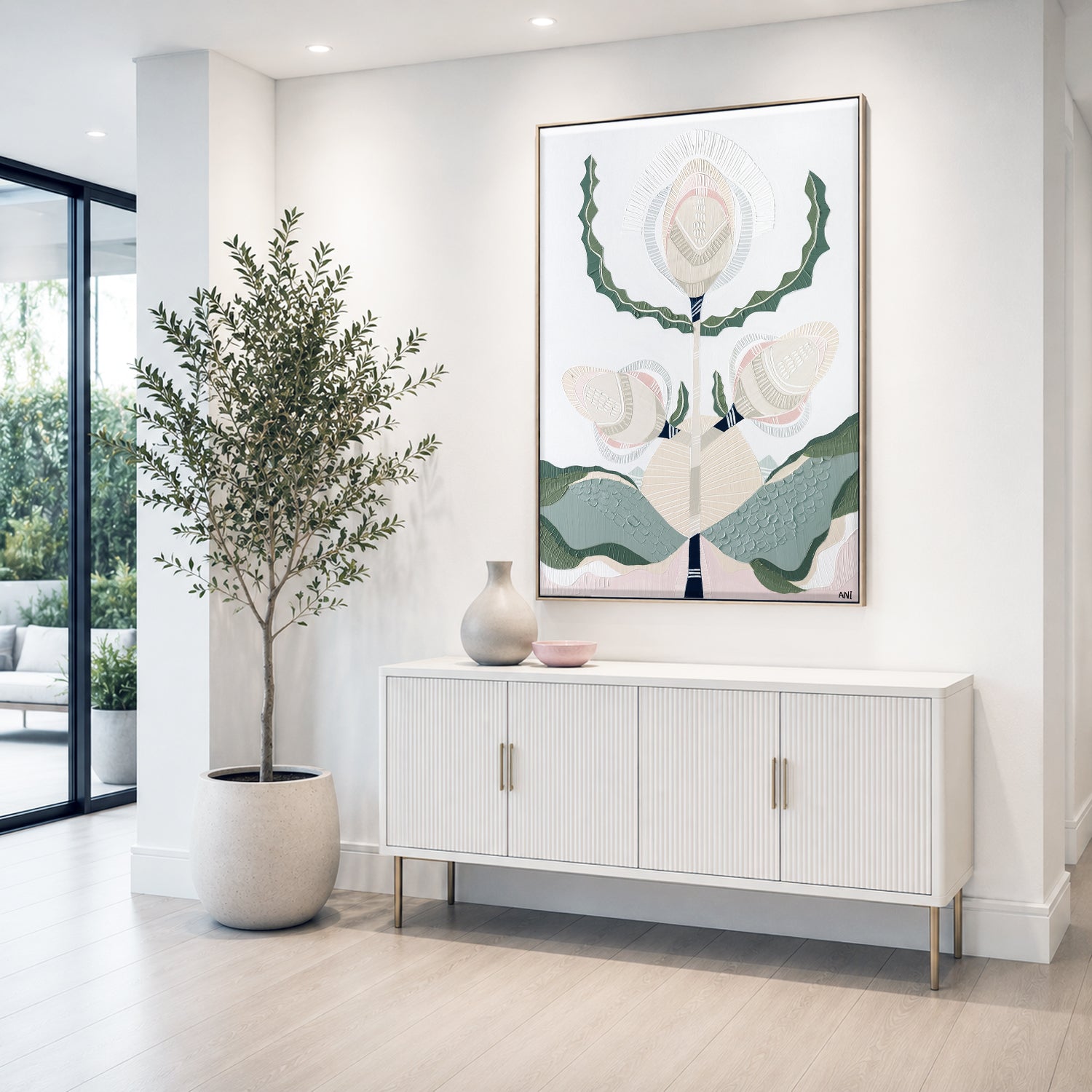 "Banksia Elements 1" – Original abstract painting by Australian artist Ani Ipradjian, inspired by the textures and colours of native Banksia flowers, celebrating their layered, spiky floral forms and natural elegance.