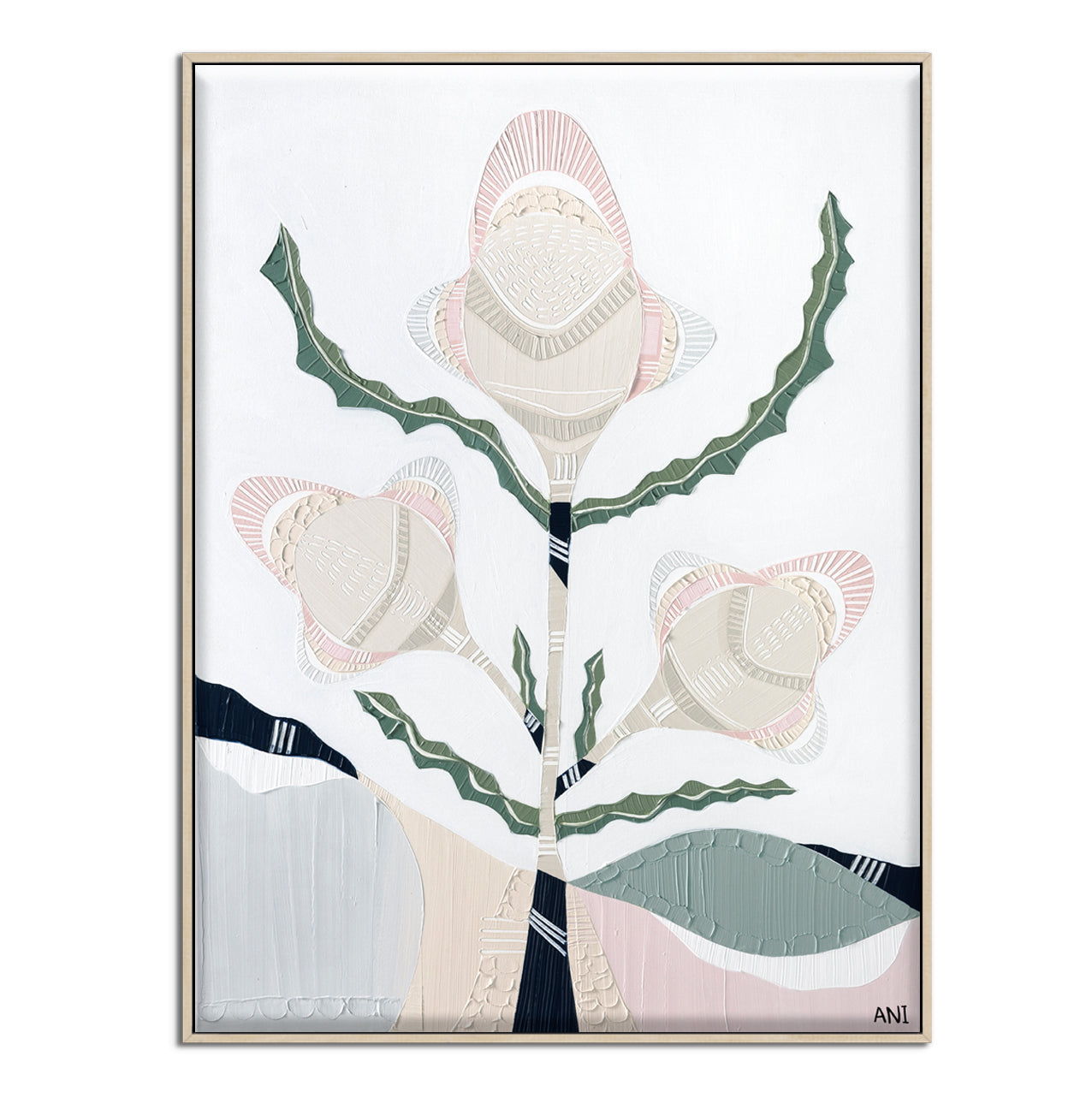 "Banksia Elements 3" – Original abstract painting by Australian artist Ani Ipradjian, inspired by the textures and colours of native Banksia flowers, celebrating their layered, spiky floral forms and natural elegance.