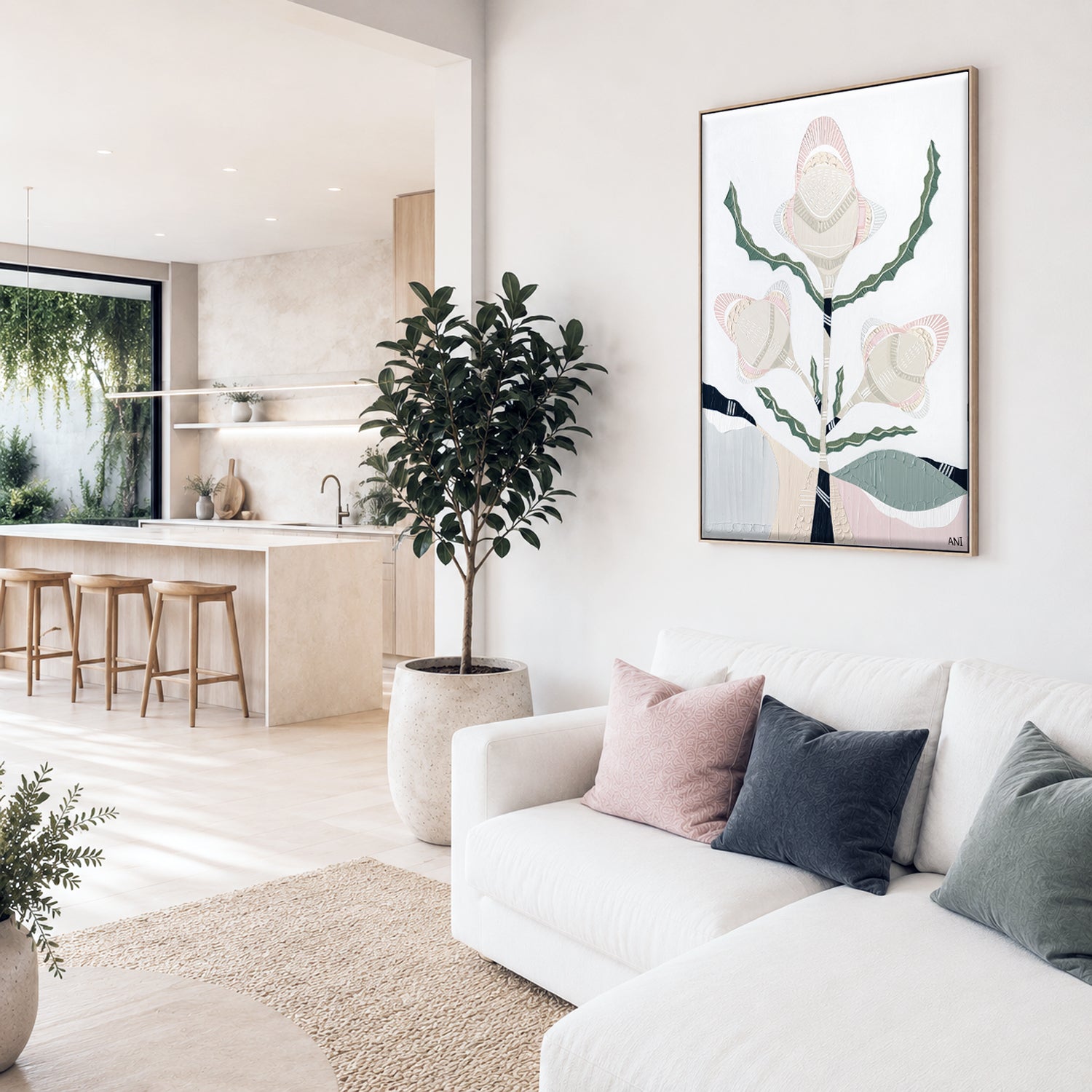 "Banksia Elements 3" – Original abstract painting by Australian artist Ani Ipradjian, inspired by the textures and colours of native Banksia flowers, celebrating their layered, spiky floral forms and natural elegance.
