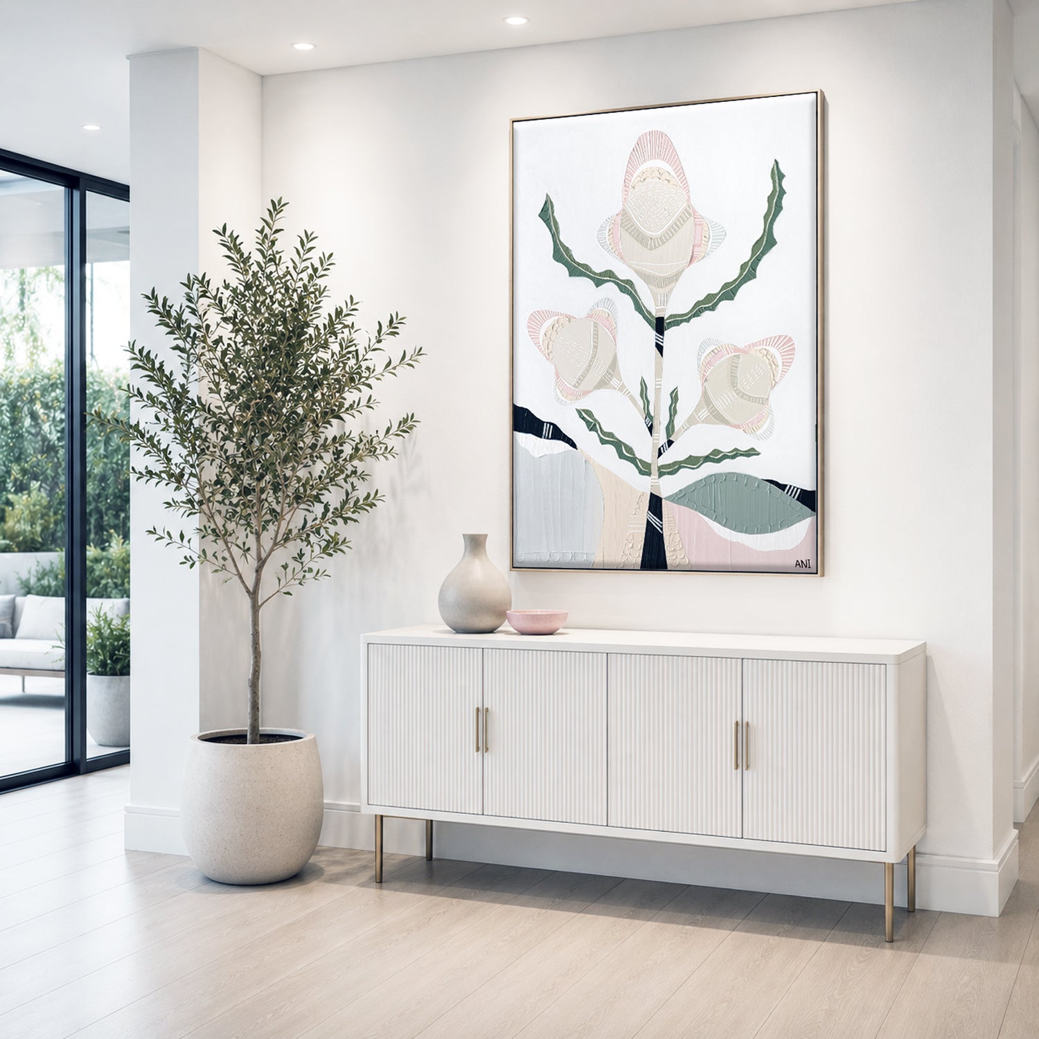 "Banksia Elements 3" – Original abstract painting by Australian artist Ani Ipradjian, inspired by the textures and colours of native Banksia flowers, celebrating their layered, spiky floral forms and natural elegance.