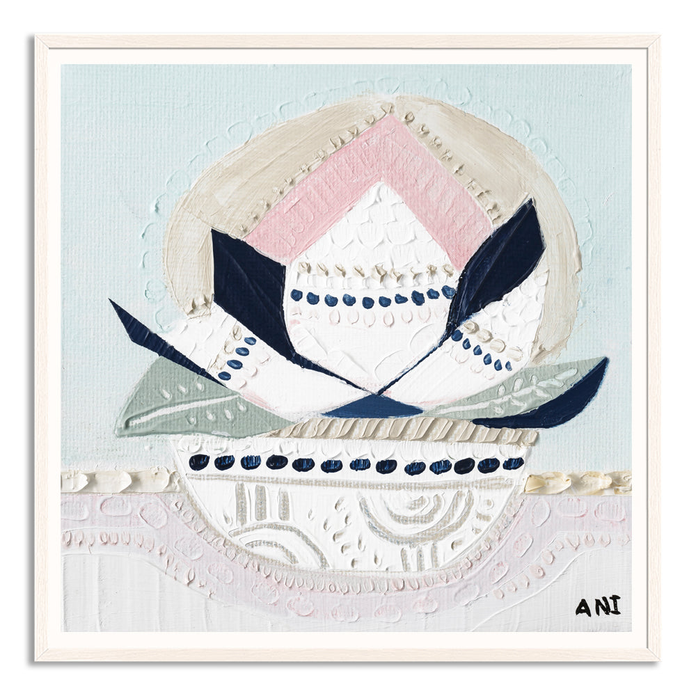 Banksia Crown abstract botanical art print by Australian artist Ani Ipradjian, inspired by the Australian Banksia flower and Crown Chakra symbolism, featuring layered textures and organic forms representing nature, spirituality, and contemporary Australian floral wall art for modern interiors.