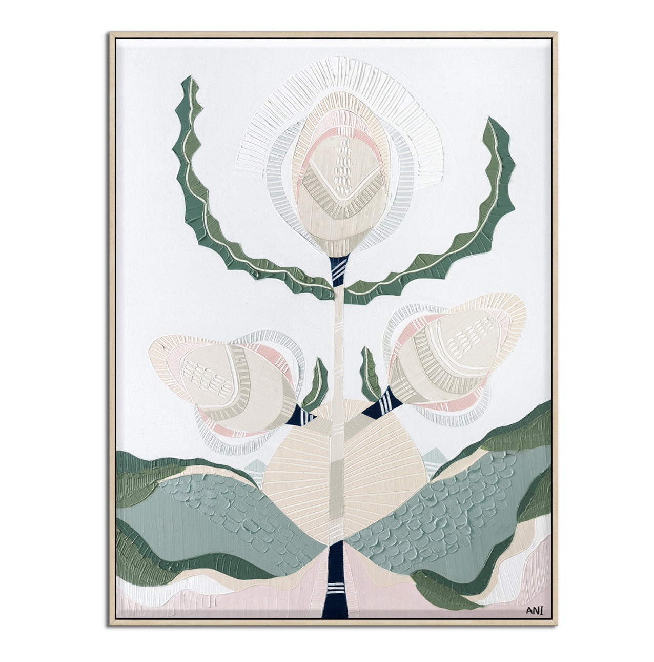 "Banksia Elements 1" – Original abstract painting by Australian artist Ani Ipradjian, inspired by the textures and colours of native Banksia flowers, celebrating their layered, spiky floral forms and natural elegance.