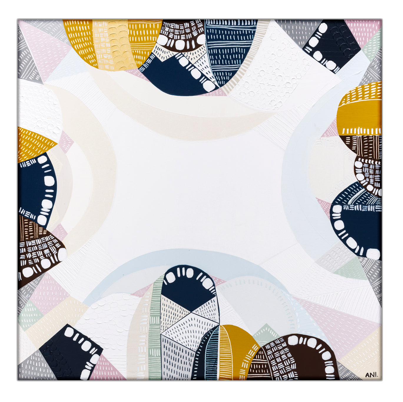 Blue Mountains Tour print by Ani Ipradjian – abstract Australian landscape artwork in tones of eucalyptus blue and earthy brown, inspired by the Three Sisters and Echo Point in the Blue Mountains. Suitable for global collectors and Australian art lovers.