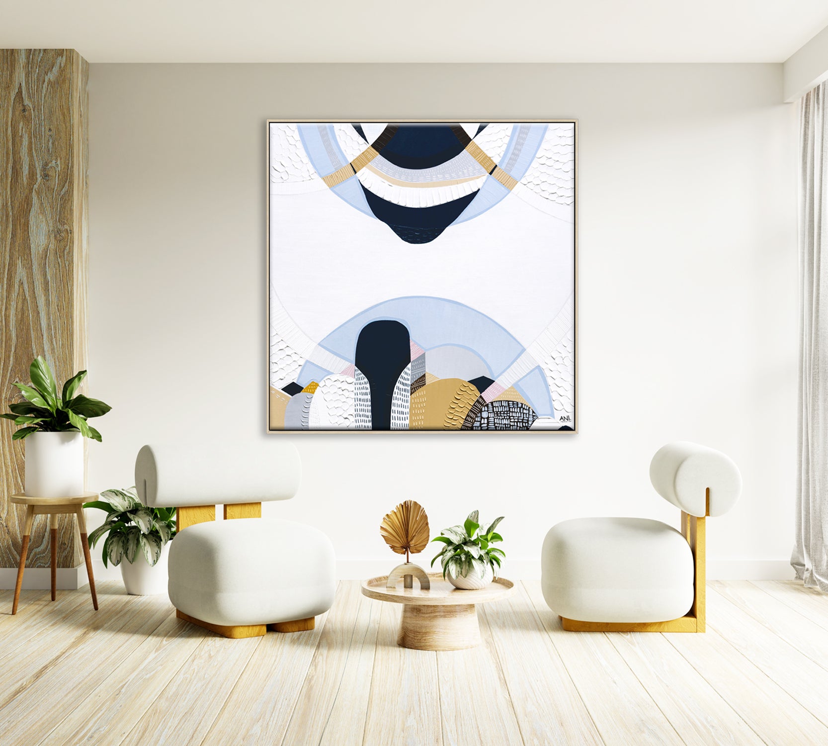 Blue Mountains 3 abstract Australian landscape painting by Melbourne artist Ani Ipradjian, featuring eucalyptus blue tones, earthy textures, and layered contemporary design inspired by the Three Sisters, Echo Point, and the misty Blue Mountains of Sydney, Australia.