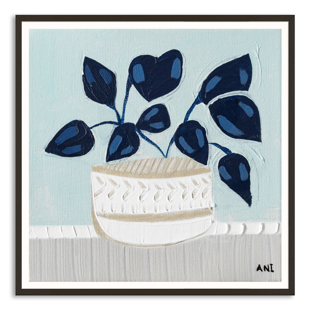 Blue Monstera botanical wall art print by Melbourne artist Ani Ipradjian, featuring an abstract monstera leaf in calming blue tones symbolising growth, good luck, freedom, and creativity. Contemporary Australian plant-inspired artwork ideal for modern interiors, home offices, and nature-inspired décor.