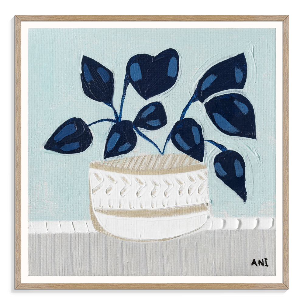 Blue Monstera botanical wall art print by Melbourne artist Ani Ipradjian, featuring an abstract monstera leaf in calming blue tones symbolising growth, good luck, freedom, and creativity. Contemporary Australian plant-inspired artwork ideal for modern interiors, home offices, and nature-inspired décor.