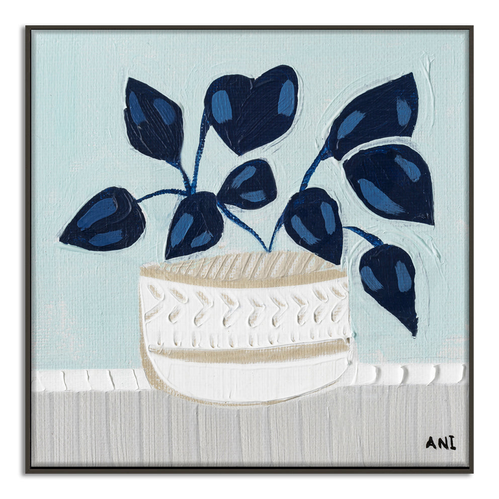 Blue Monstera botanical wall art print by Melbourne artist Ani Ipradjian, featuring an abstract monstera leaf in calming blue tones symbolising growth, good luck, freedom, and creativity. Contemporary Australian plant-inspired artwork ideal for modern interiors, home offices, and nature-inspired décor.