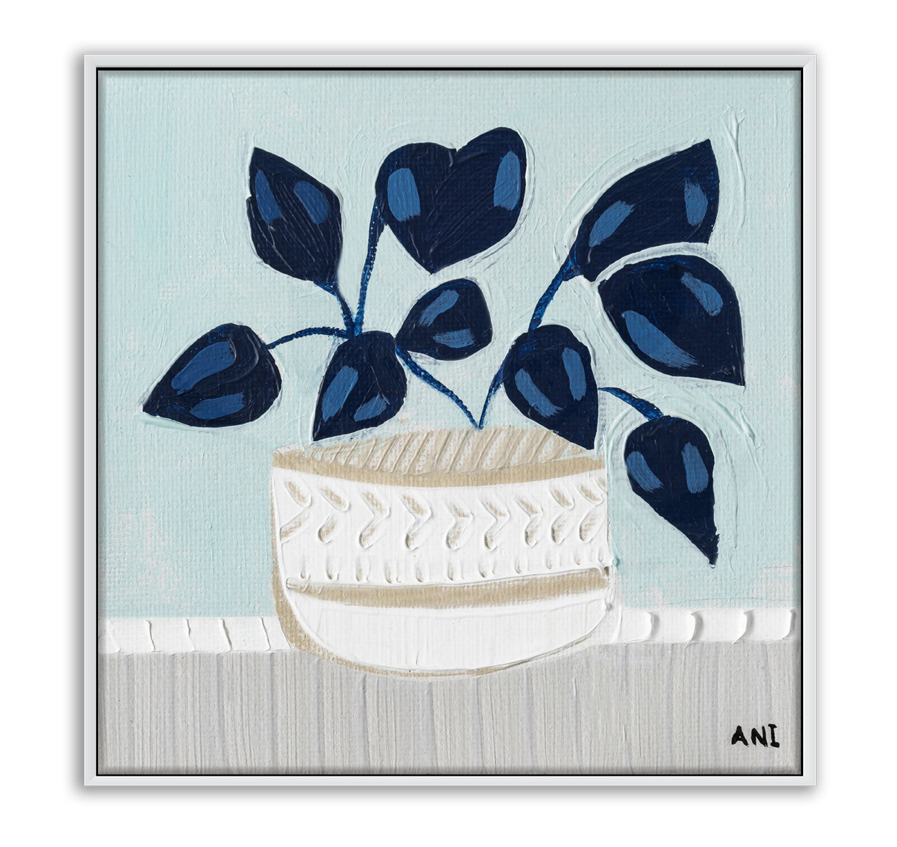 Blue Monstera botanical wall art print by Melbourne artist Ani Ipradjian, featuring an abstract monstera leaf in calming blue tones symbolising growth, good luck, freedom, and creativity. Contemporary Australian plant-inspired artwork ideal for modern interiors, home offices, and nature-inspired décor.