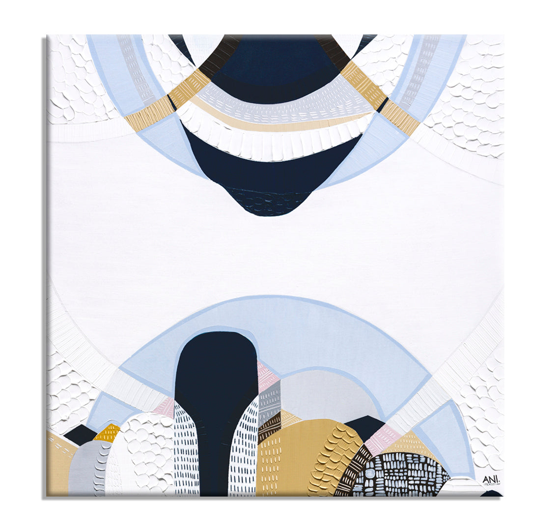 Blue Mountains 3 abstract Australian landscape painting by Melbourne artist Ani Ipradjian, featuring eucalyptus blue tones, earthy textures, and layered contemporary design inspired by the Three Sisters, Echo Point, and the misty Blue Mountains of Sydney, Australia.
