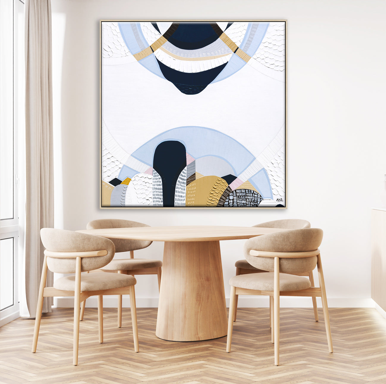 Blue Mountains 3 abstract Australian landscape painting by Melbourne artist Ani Ipradjian, featuring eucalyptus blue tones, earthy textures, and layered contemporary design inspired by the Three Sisters, Echo Point, and the misty Blue Mountains of Sydney, Australia.